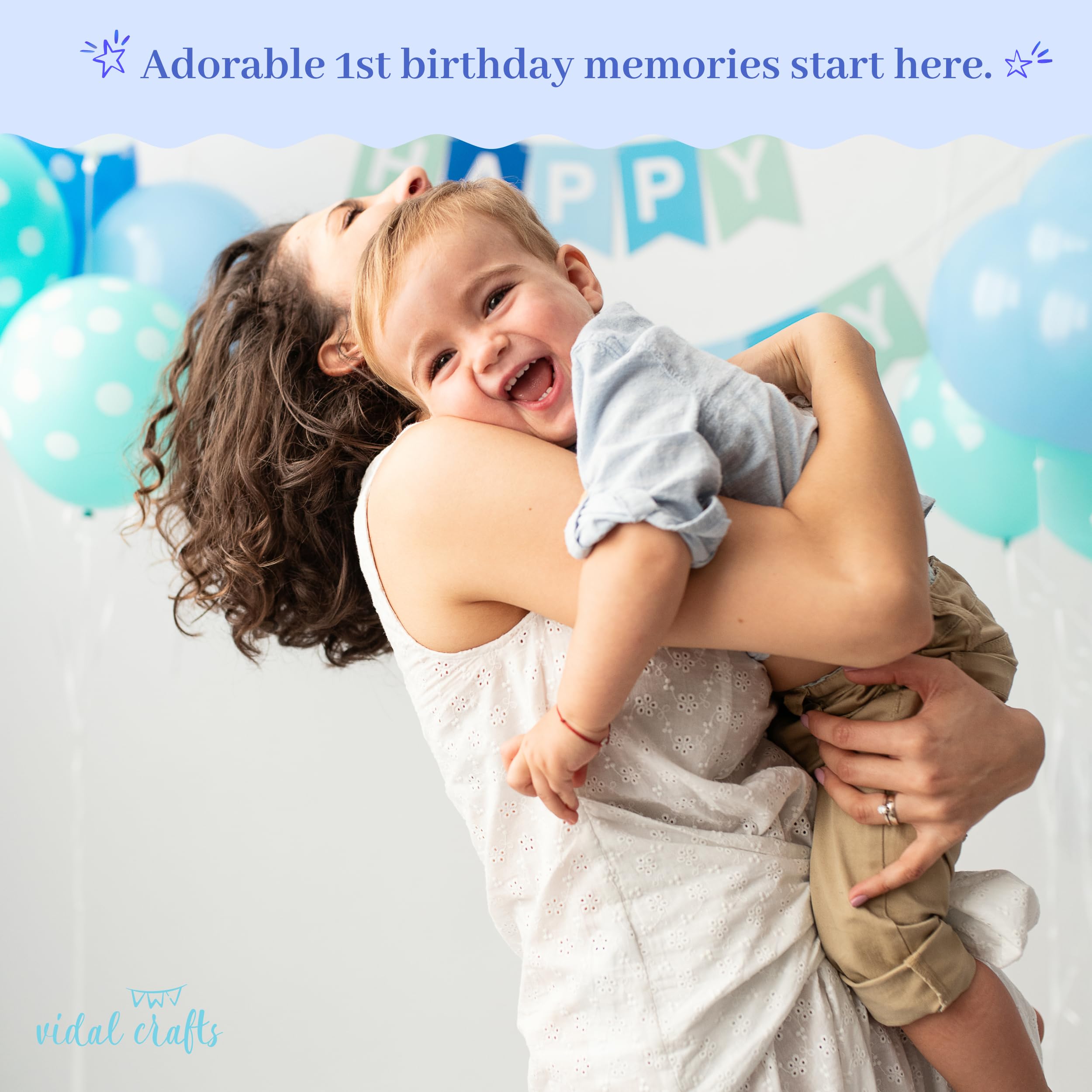 VIDAL CRAFTS 1st Birthday Party Decorations Set for Boys - High Chair Banner, Balloons, Paper Flowers & Cake Topper - Baby Boy's First Birthday Supplies - Perfect for 1 Year Old Birthday Parties, Photo Shoots & Nursery Decorations