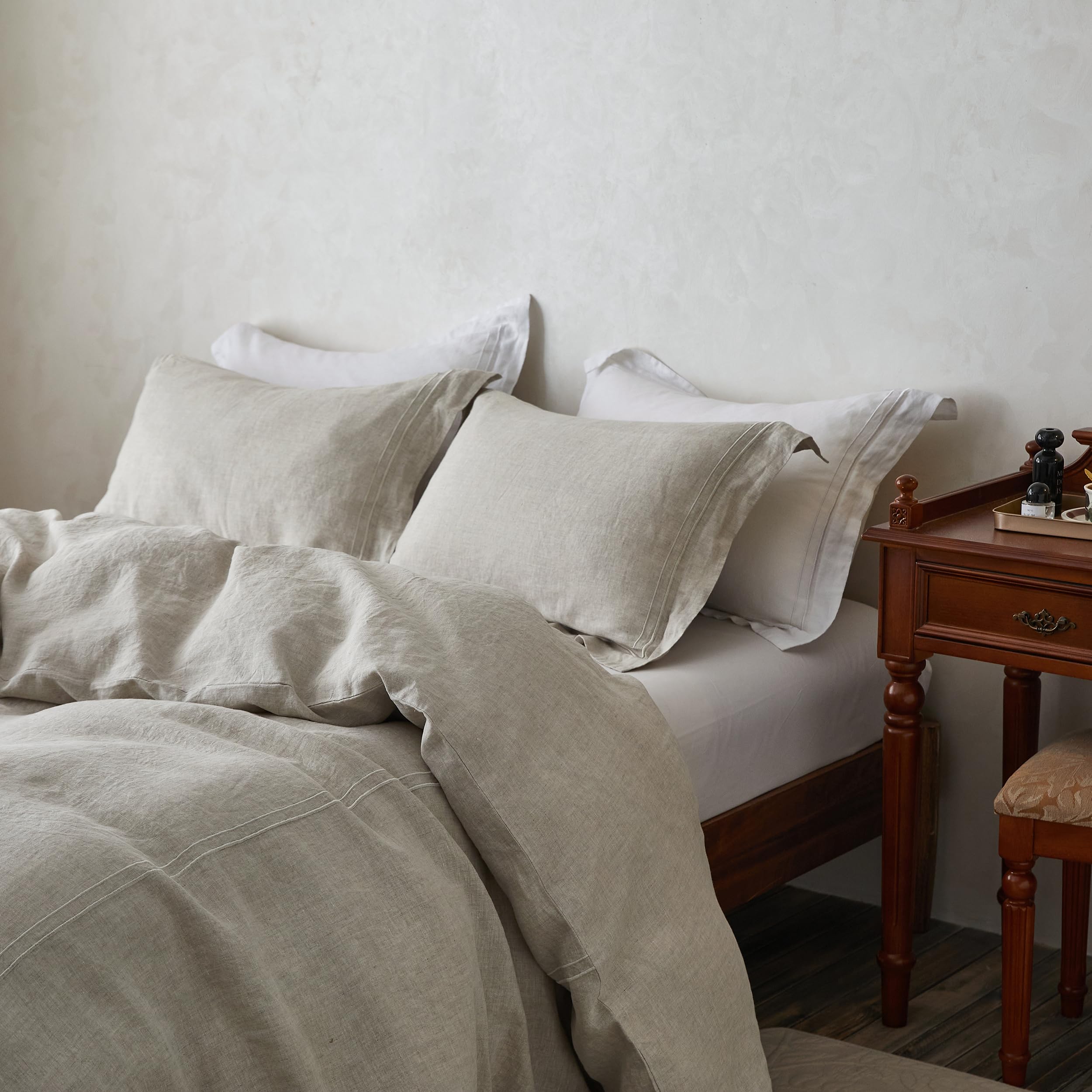 Simple & Opulence 100% Washed Linen Duvet Cover Set 68x86 Inches - 2 Piece Soft Farmhouse Comforter Set with Embroidered Design & Button Closure - Includes 1 Duvet Cover & 1 Pillow Sham (Twin Size, Natural Linen) - Perfect for Bedroom, Guest Room & Cozy Farmhouse Decor
