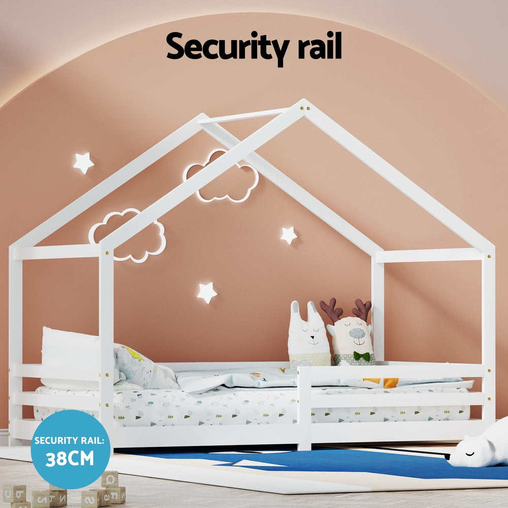 Amos White House Shaped Solid Wood Bed Frame - Queen Size, Sturdy & Elegant Design for Bedroom, Guest Room or Kids Room