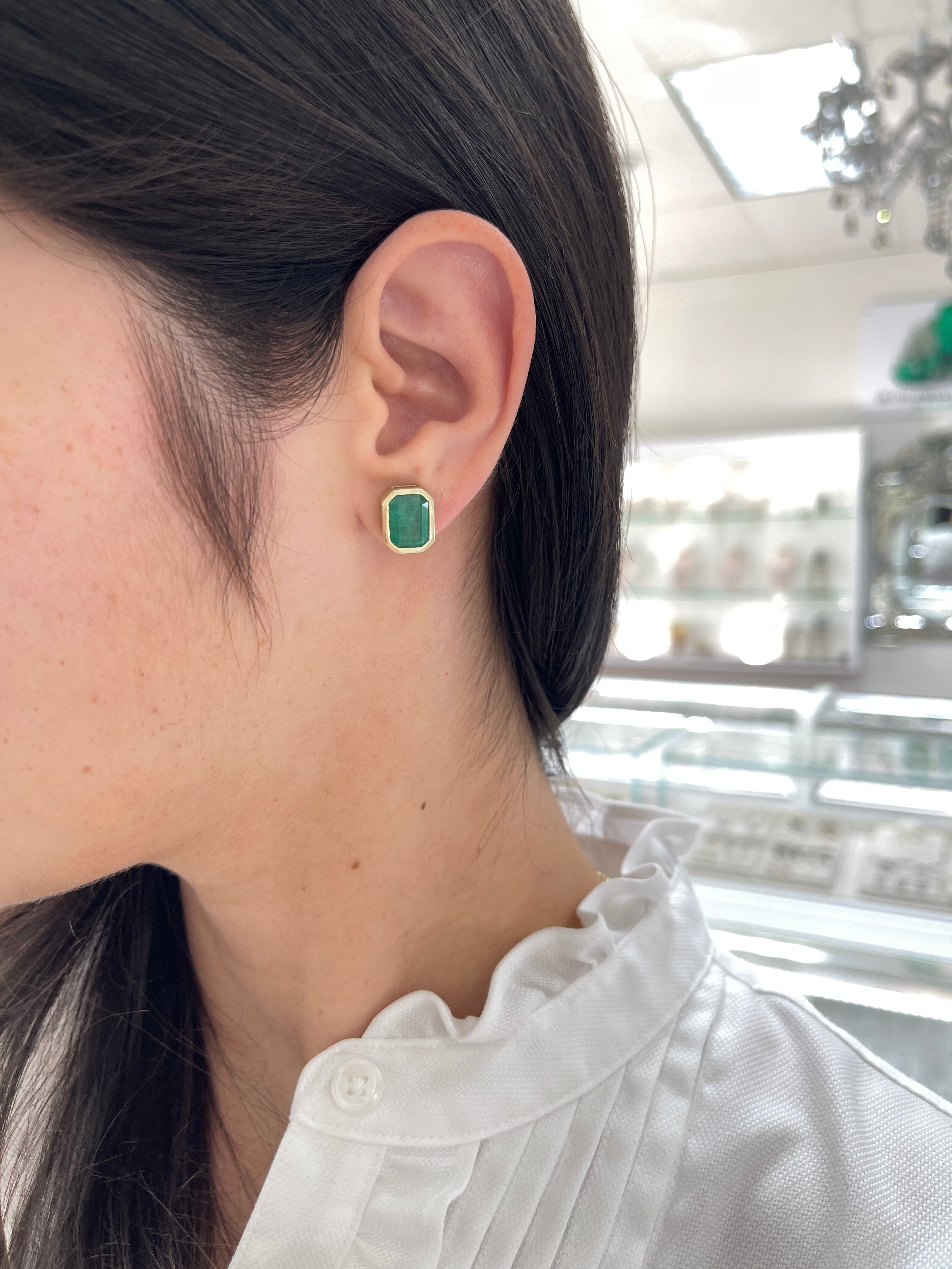 6.0tcw Natural Emerald Stud Earrings in 18K Gold Bezel Setting - Elegant Jewelry for Women, Perfect for Weddings, Parties & Daily Wear