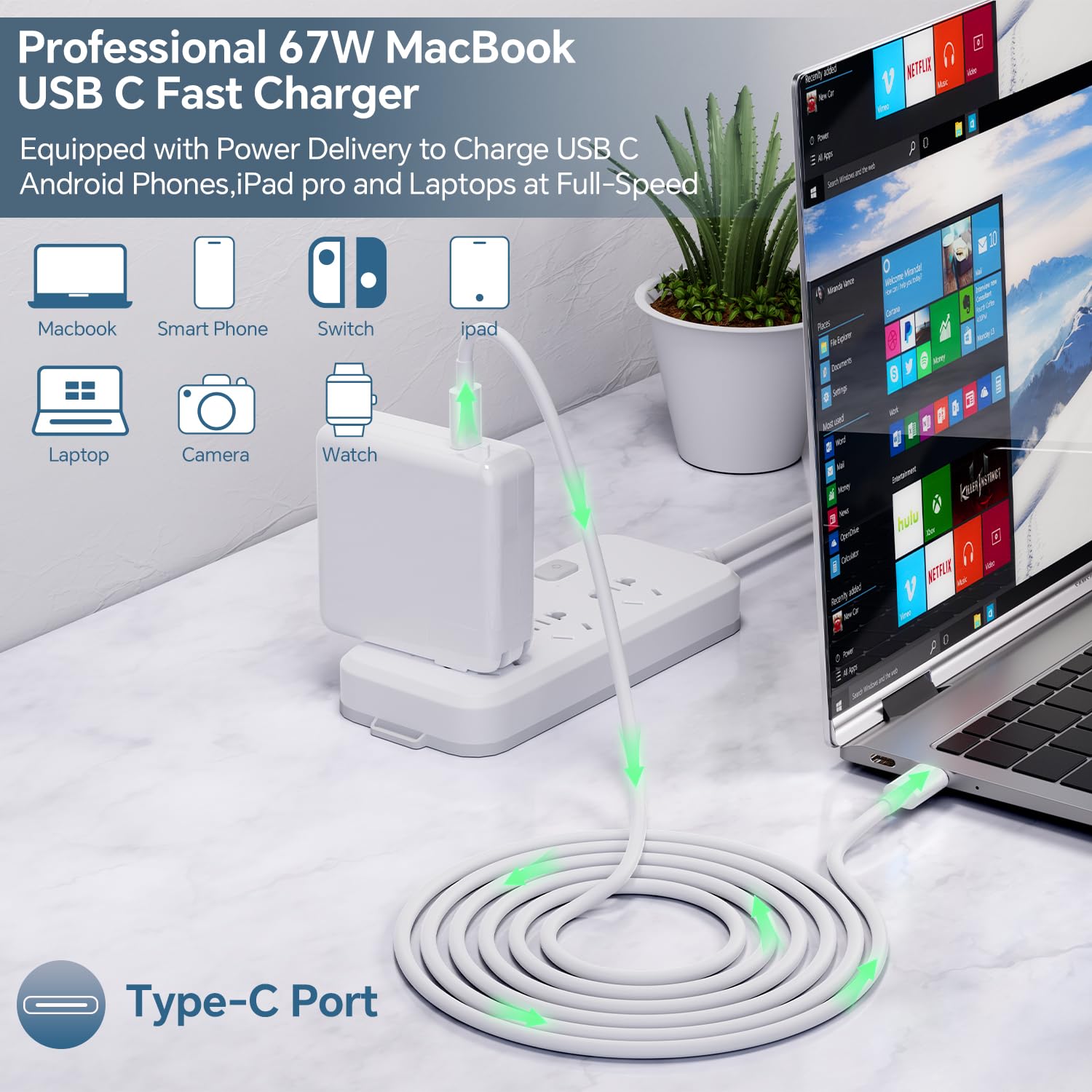 67W USB C Fast Charger for MacBook Pro & Air, iPad Pro, Samsung Galaxy - 6.6ft USB-C to C Cable Included - Perfect for Home, Office & Travel Charging