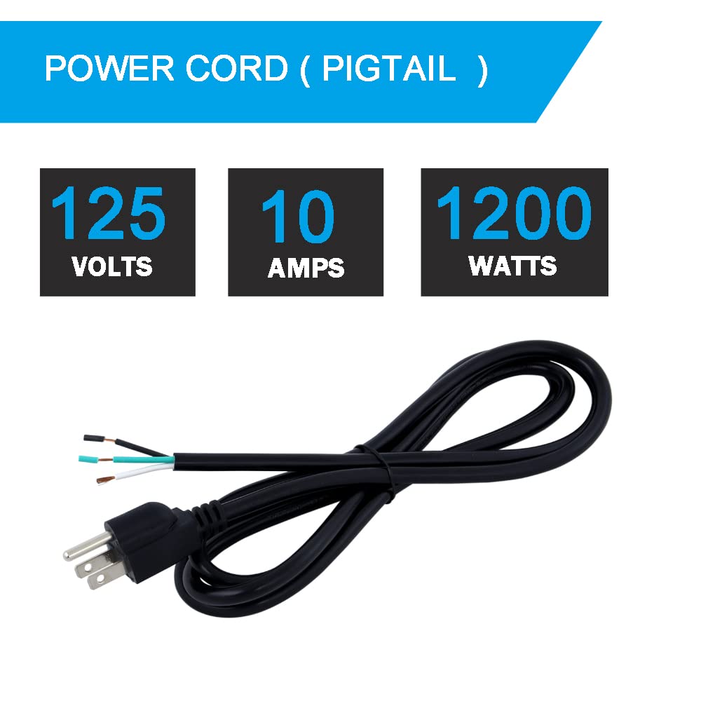 Heavy Duty 6ft 3 Prong Power Cord Pigtail - 18AWG SJT Replacement Cable with NEMA 5-15P Male Plug (10A, 1250W at 125VAC) for Garbage Disposal, Dishwasher & Appliance Wiring - Open End Design for Easy Installation