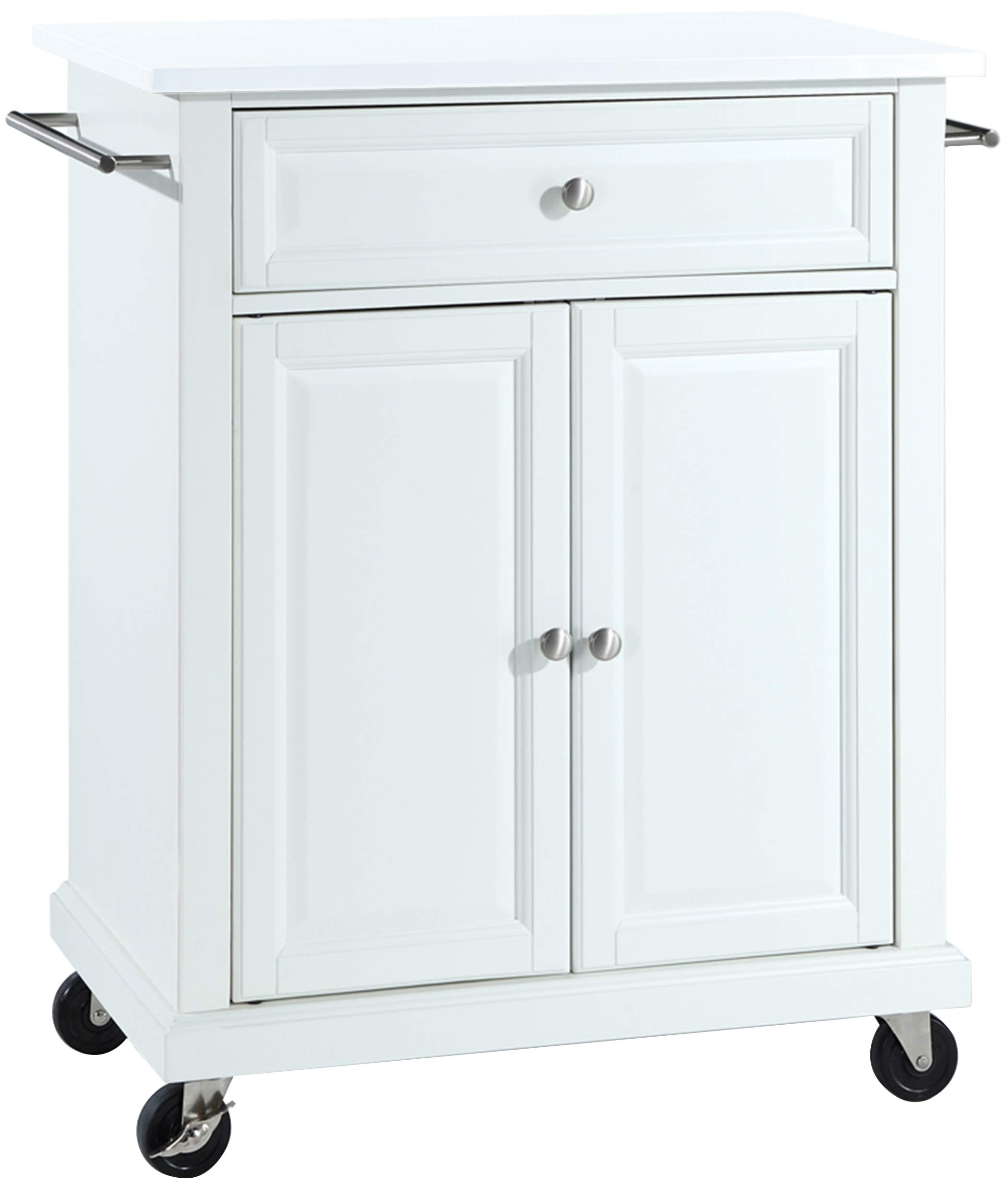 Crosley White Compact Rolling Cart with Stone Top & Shelves - Microwave Stand, Towel Rack, Small Kitchen Island for Apartments, Dorms & Office Spaces