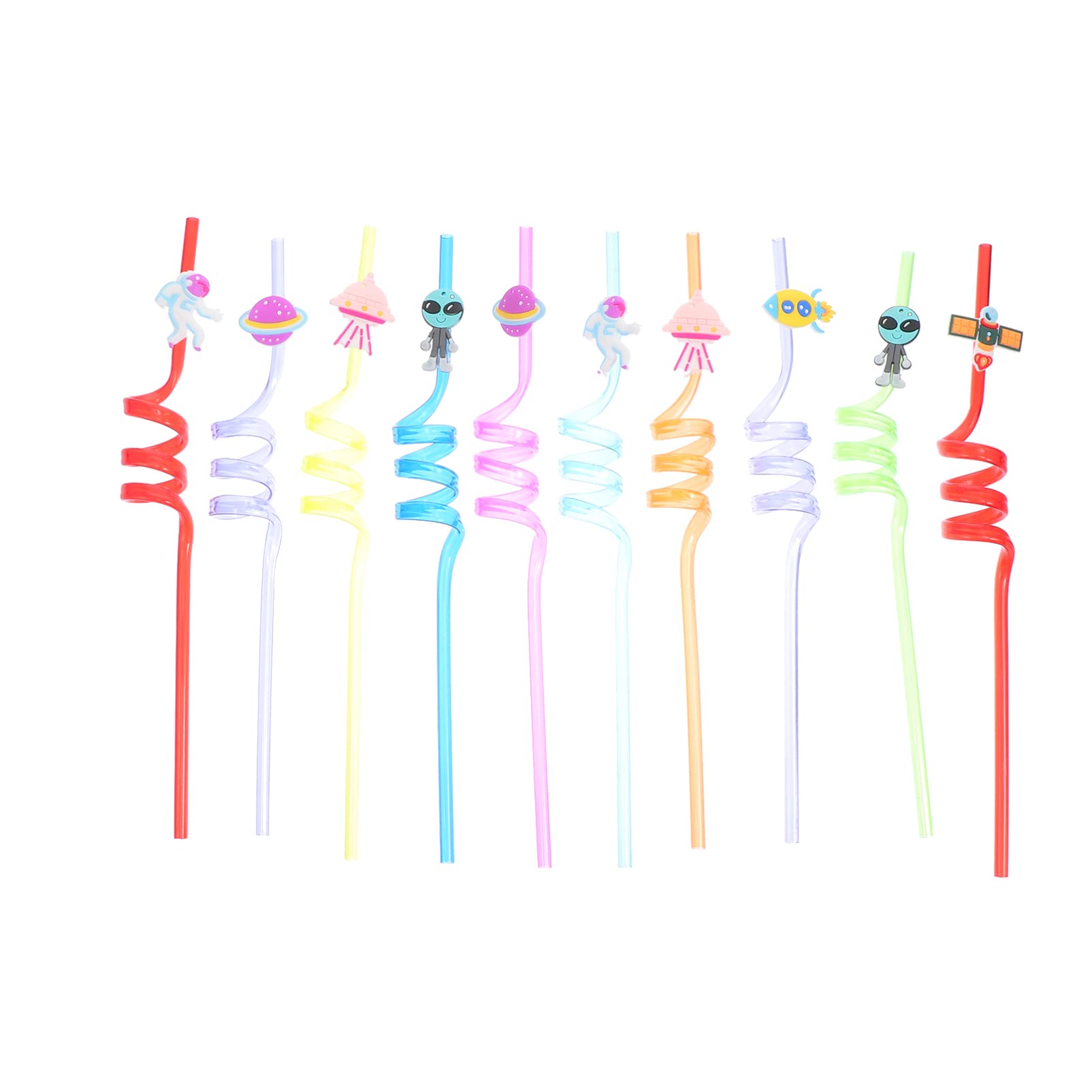 10Pcs Reusable Spiral Art Straws - Fun Plastic Drinking Straws for Kids, Luau Beach Parties & Birthday Supplies | Space Themed Crazy Straws, Baby & Child Safe PVC Straws for Smoothies, Cocktails & Creative Drinks