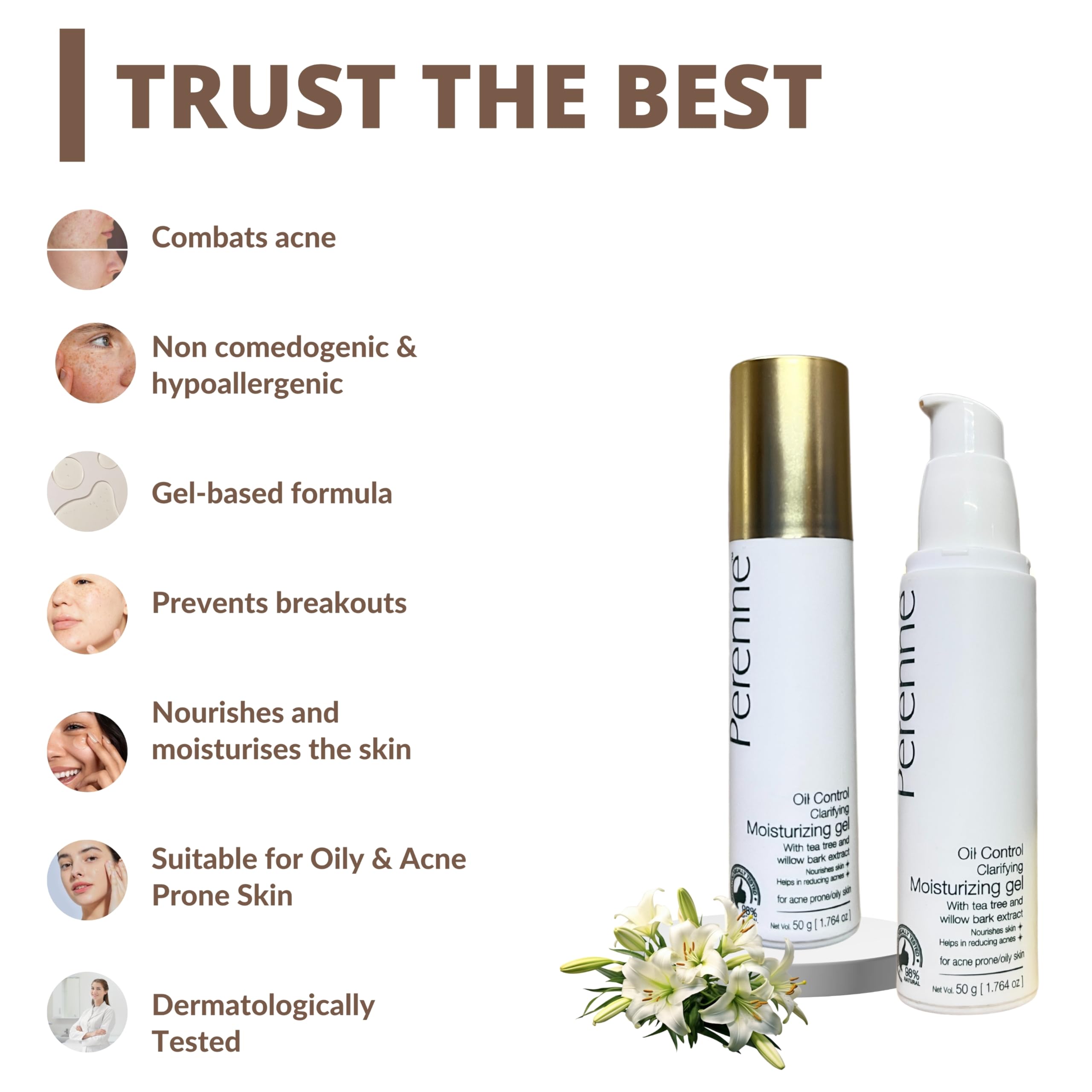 Perenne Oil Control Clarifying Moisturizing Face Gel with Willow Bark Extract & Vetiver Root for Men & Women (50g) - Acne Prevention, Hydration & Flawless Skin - Perfect for Oily & Combination Skin Daily Care