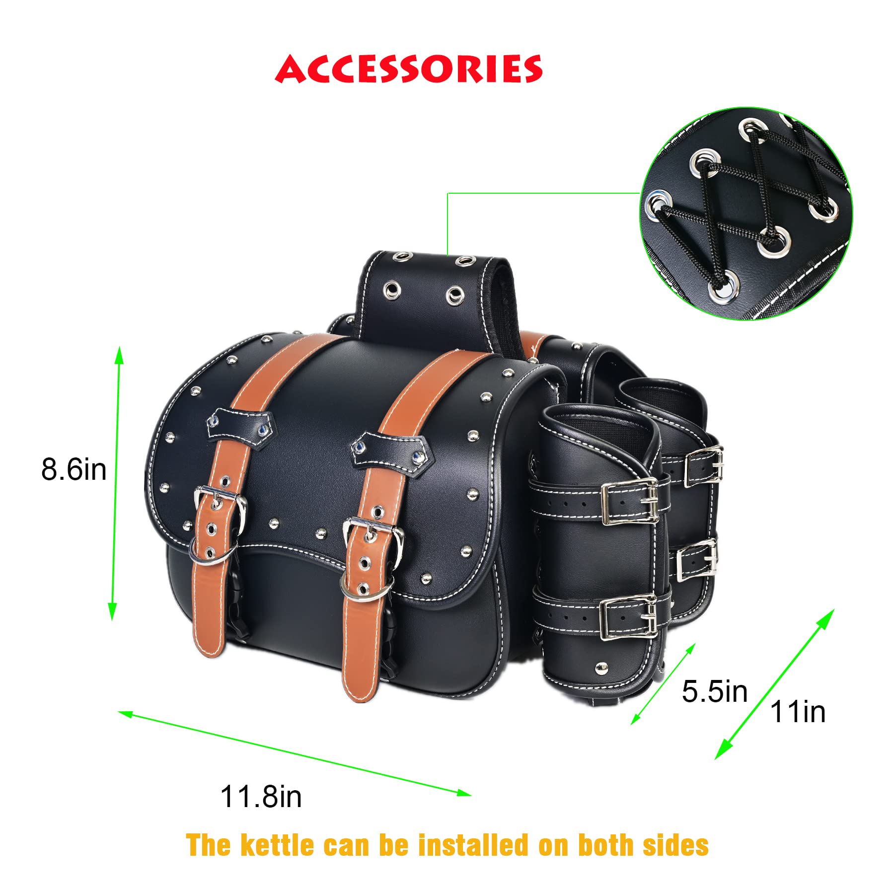 Premium PVC Leather Motorcycle Saddlebags - Universal Throw Over Panniers with Cup Holder & Side Tool Storage | Waterproof Motorbike Side Bags (1 Pair, Brown Belt & Black) | Perfect for Long Rides, Commuting & Adventure Touring