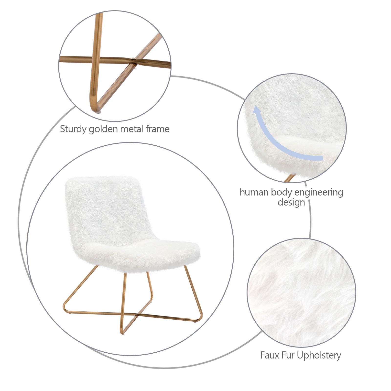 DUHOME White Faux Fur Upholstered Accent Chair - Modern Living Room & Office Desk Chair with Gold Metal Legs - Perfect for Cozy Home Decor, Reading Nook & Workspace