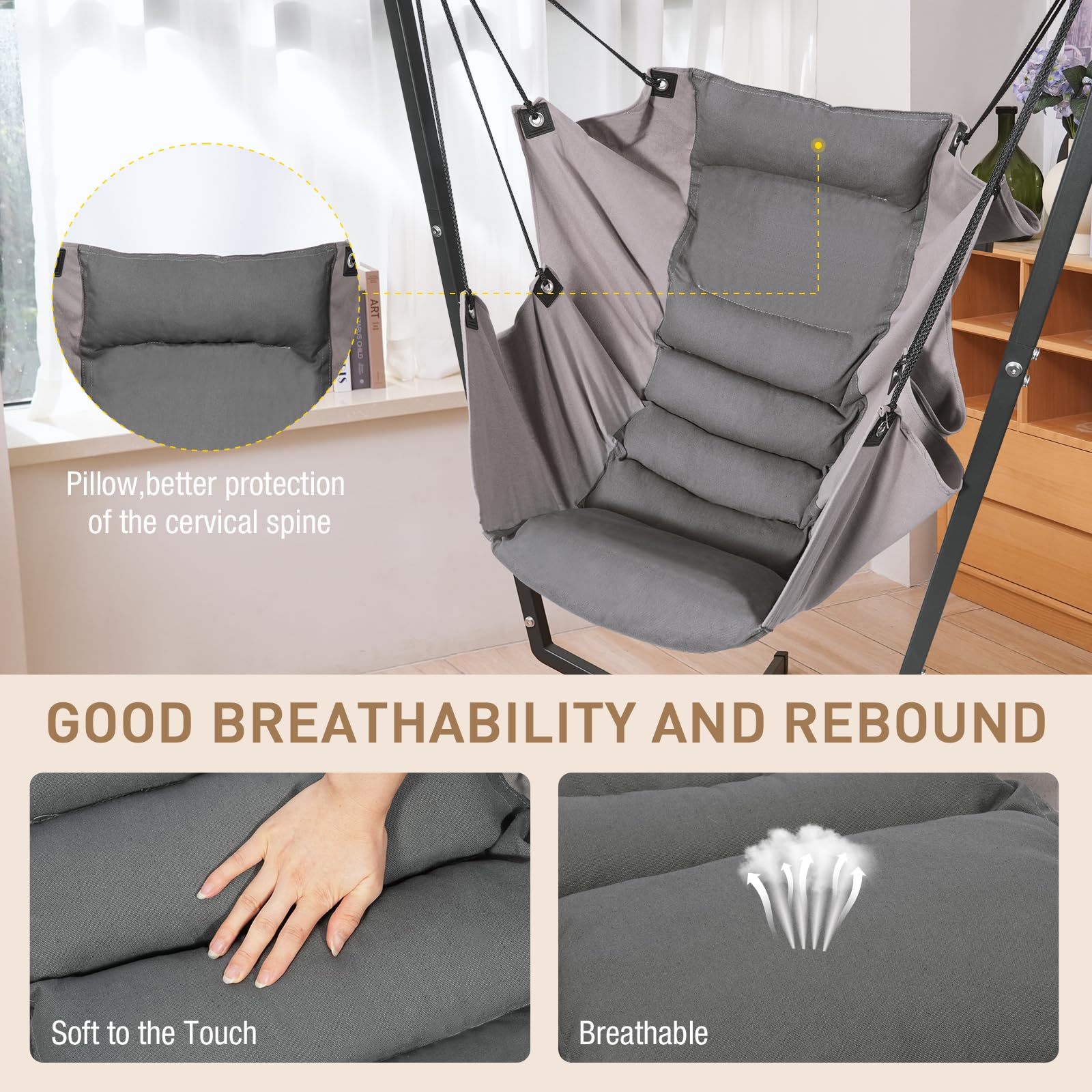 360° Swivel Hammock Swing Chair with Stand - Heavy Duty 400 lbs Capacity Hanging Chair with Cushions for Indoor & Outdoor Use - Perfect for Bedroom, Patio, Garden, Balcony Relaxation & Reading Nook