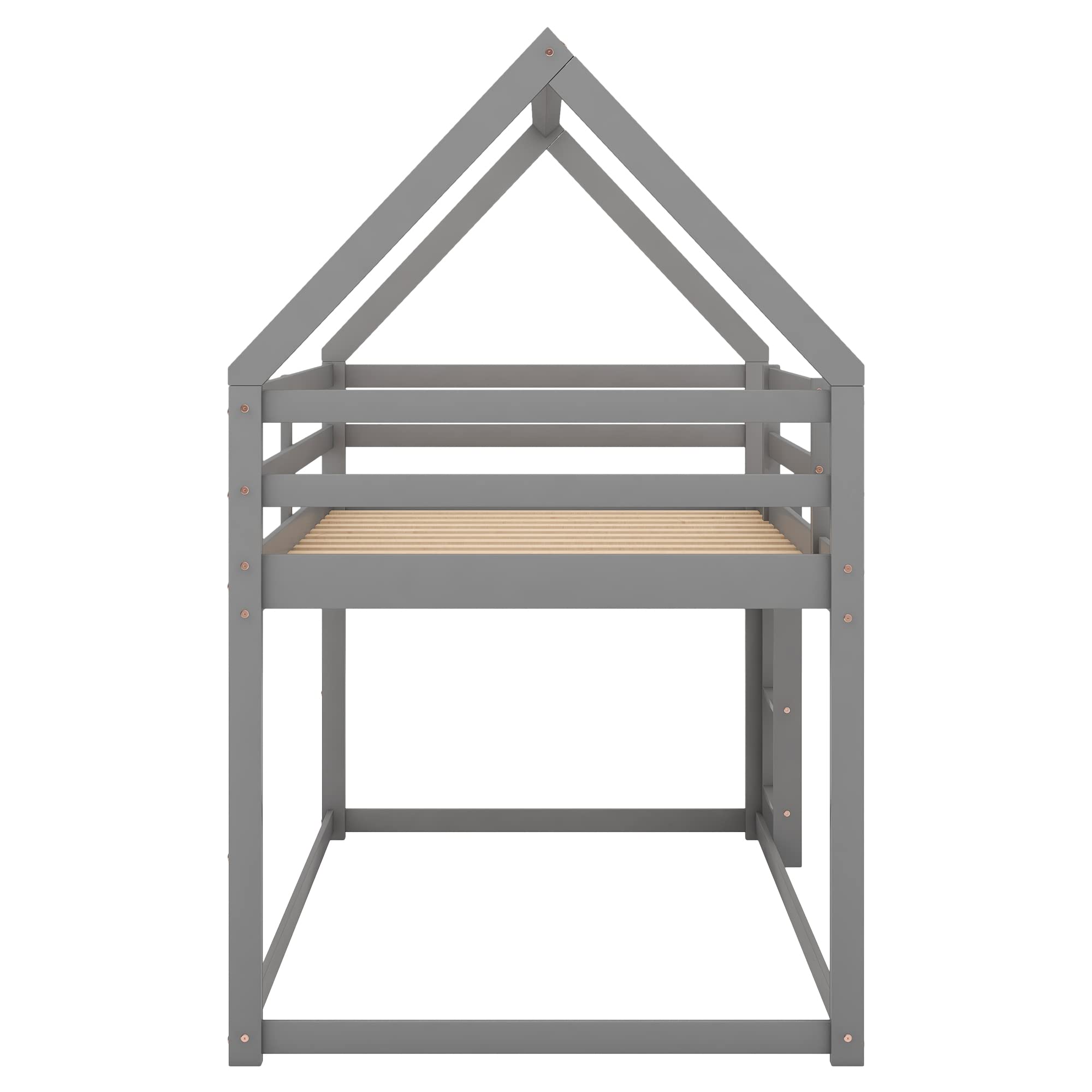 Low Bunk Bed Twin Over Twin - Sturdy Wooden House Bunk Bed Frame with Ladder for Kids & Teens - Space-Saving Gray Bedroom Furniture for Small Rooms, Dorms, or Shared Kids' Rooms