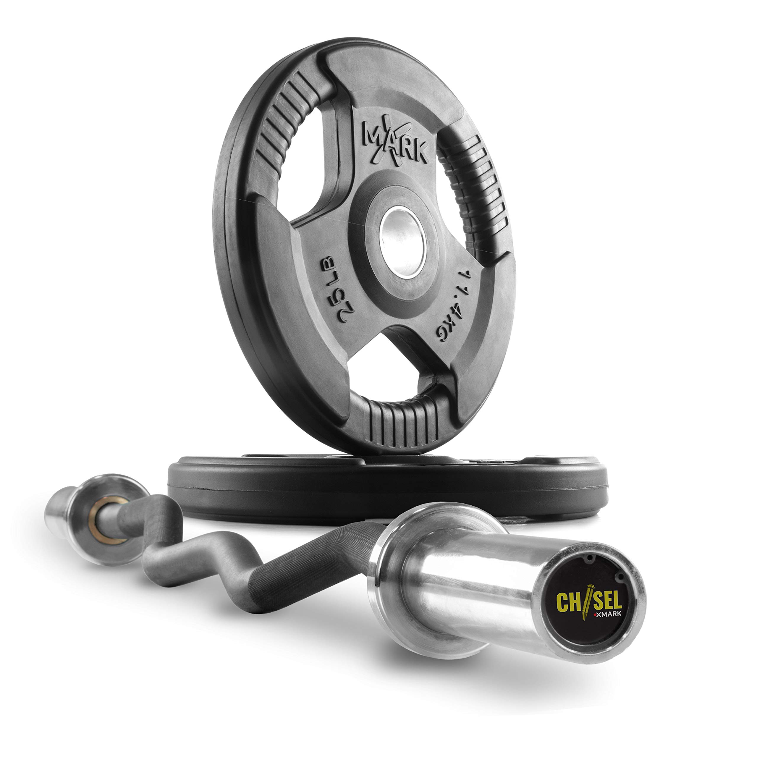 XMark TRI-GRIP Olympic Weight Plates Set with CHISEL EZ Curl Bar - 300LB Premium Barbell Set for Home Gym Strength Training & Weightlifting Workouts - Perfect for Powerlifting, CrossFit, and Bodybuilding