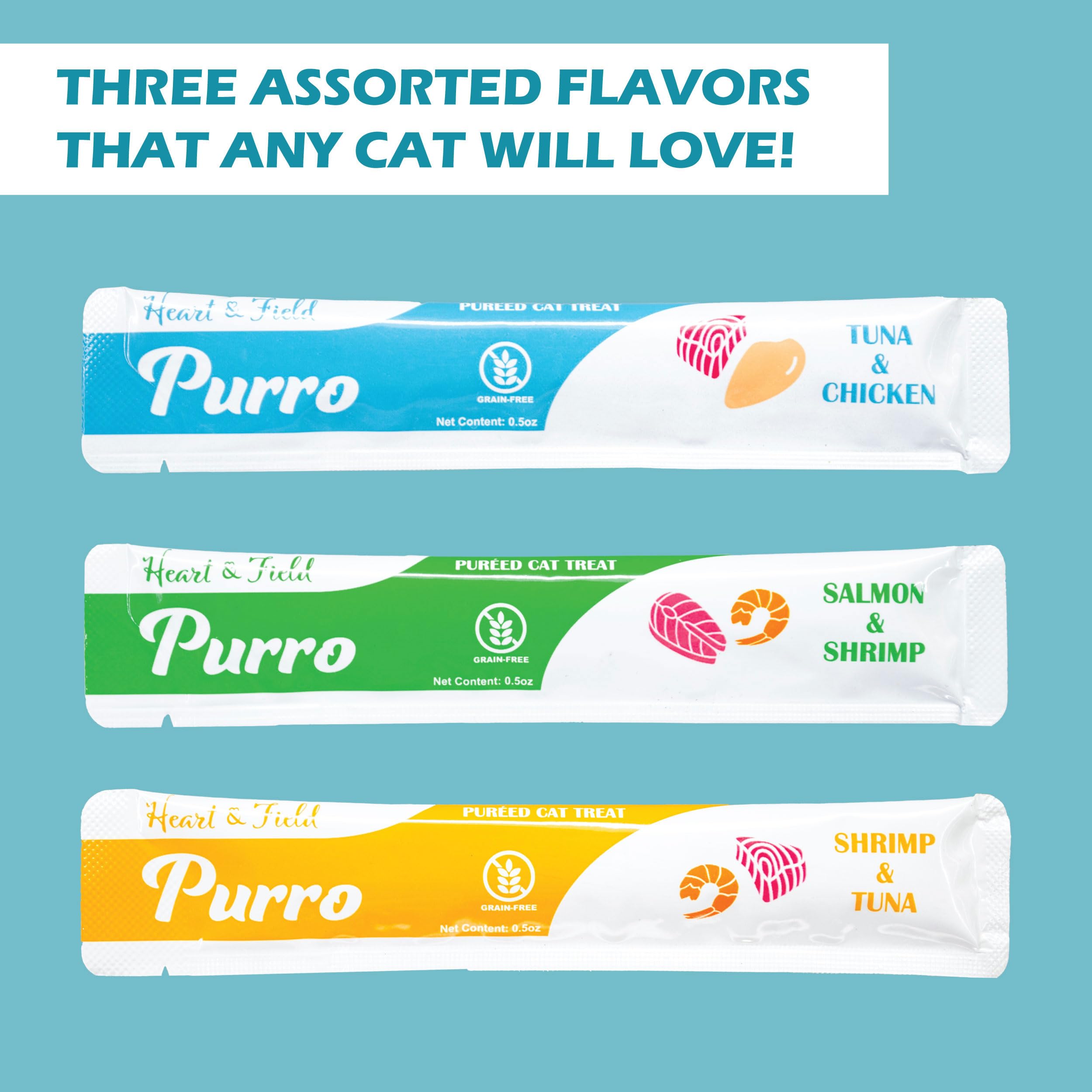 Heart & Field Squeezable Lickable Cat Treats Variety Pack - Tuna Shrimp, Salmon Shrimp, Tuna Chicken Flavors (52 Count) | Irresistible Wet Treats for Cats | Perfect for Training, Bonding & Picky Eaters