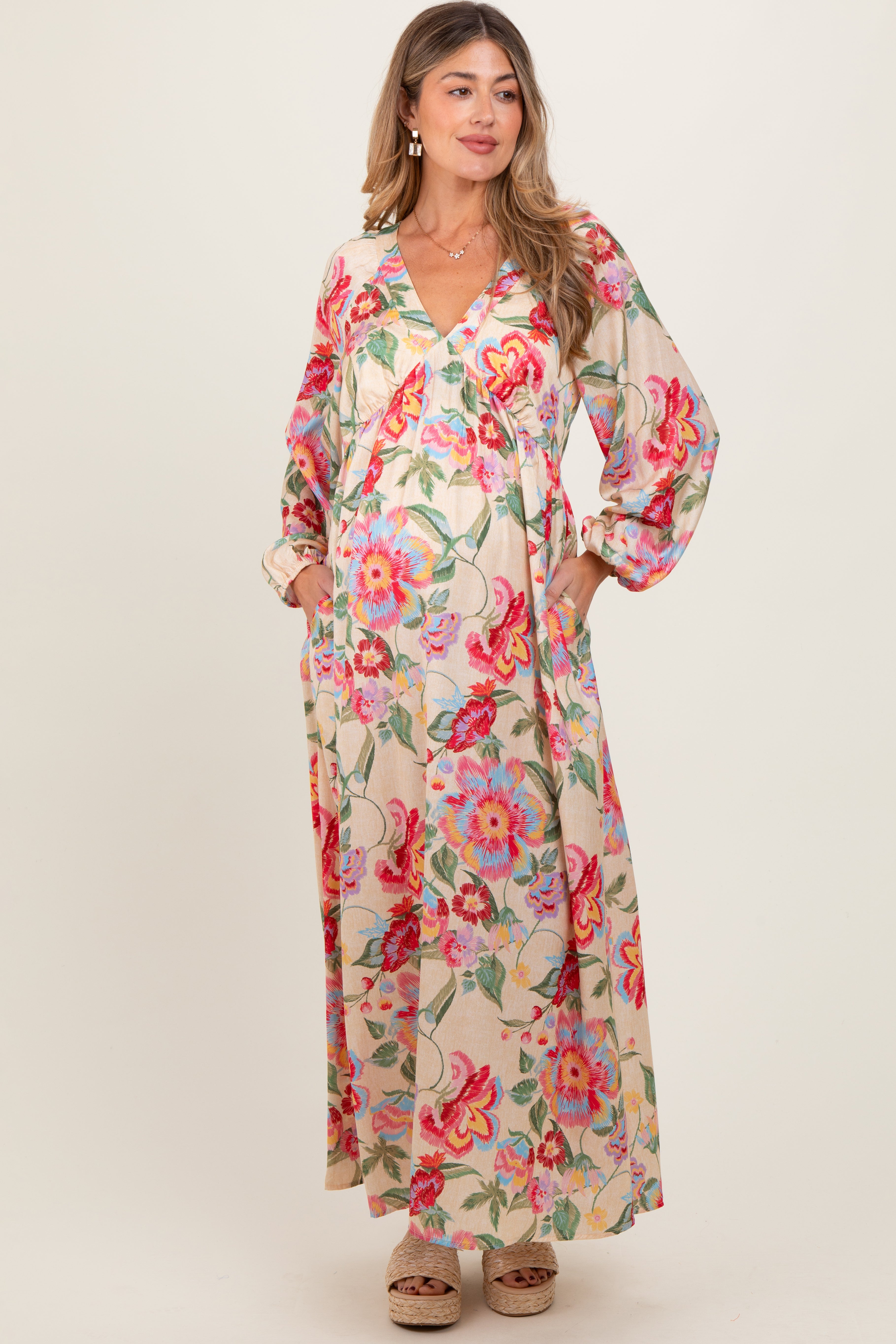 Beige Floral V-Neck Long Sleeve Maternity Maxi Dress for Pregnancy - Comfortable & Stylish Nursing Dress for Baby Shower, Maternity Photo Shoot & Special Occasions
