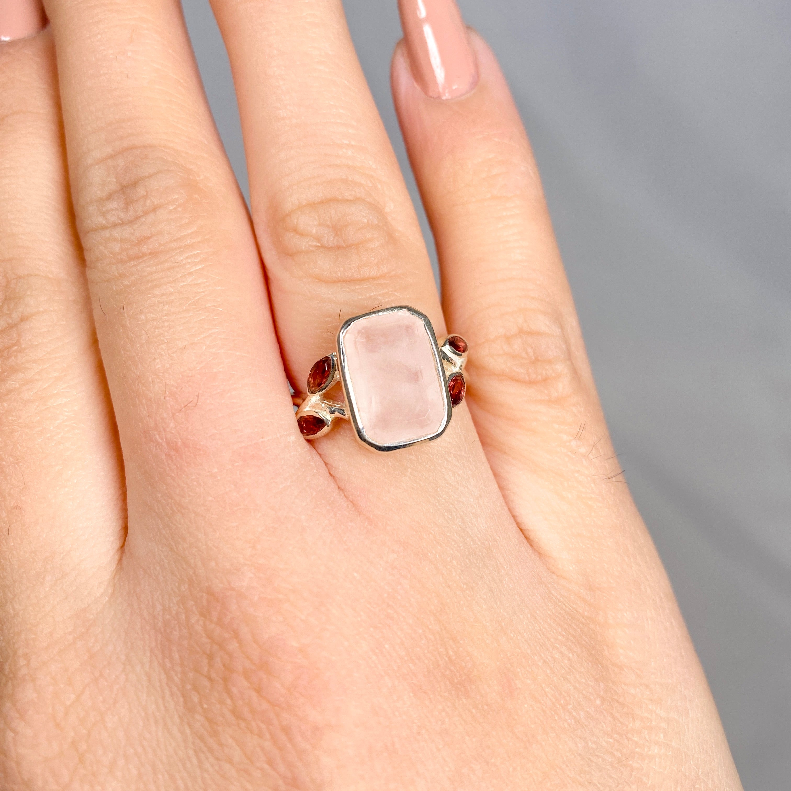 Rose Quartz Faceted Rectangular Multistone Ring with Botanical Details R3806 - Elegant Healing Crystal Jewelry for Women, Perfect for Meditation, Yoga & Spiritual Gifts