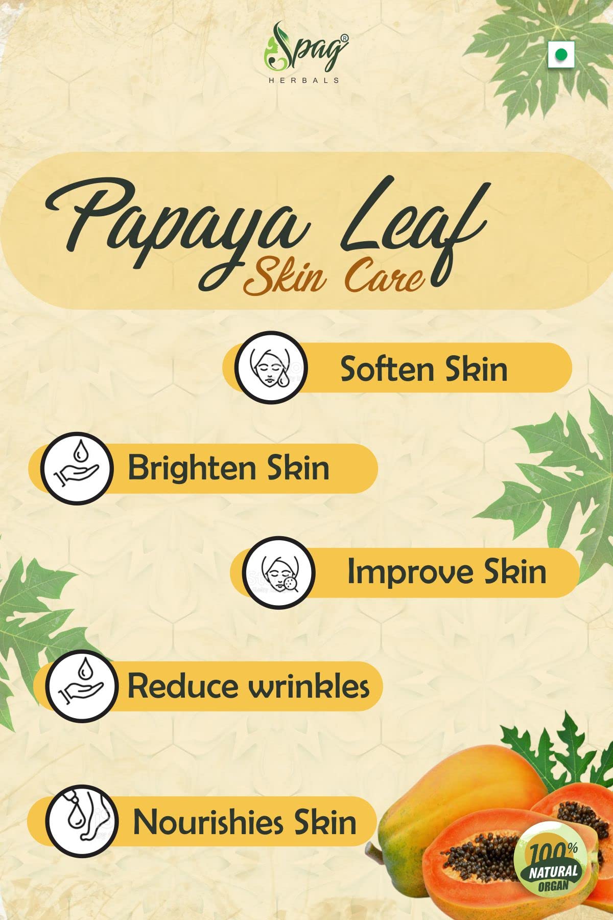 Organic Papaya Leaf Powder 250g - Skin Brightening Face Mask, Pigmentation Control & Hair Care Treatment | Natural Herbal Remedy for Glowing Skin & Healthy Hair | DIY Beauty & Wellness at Home