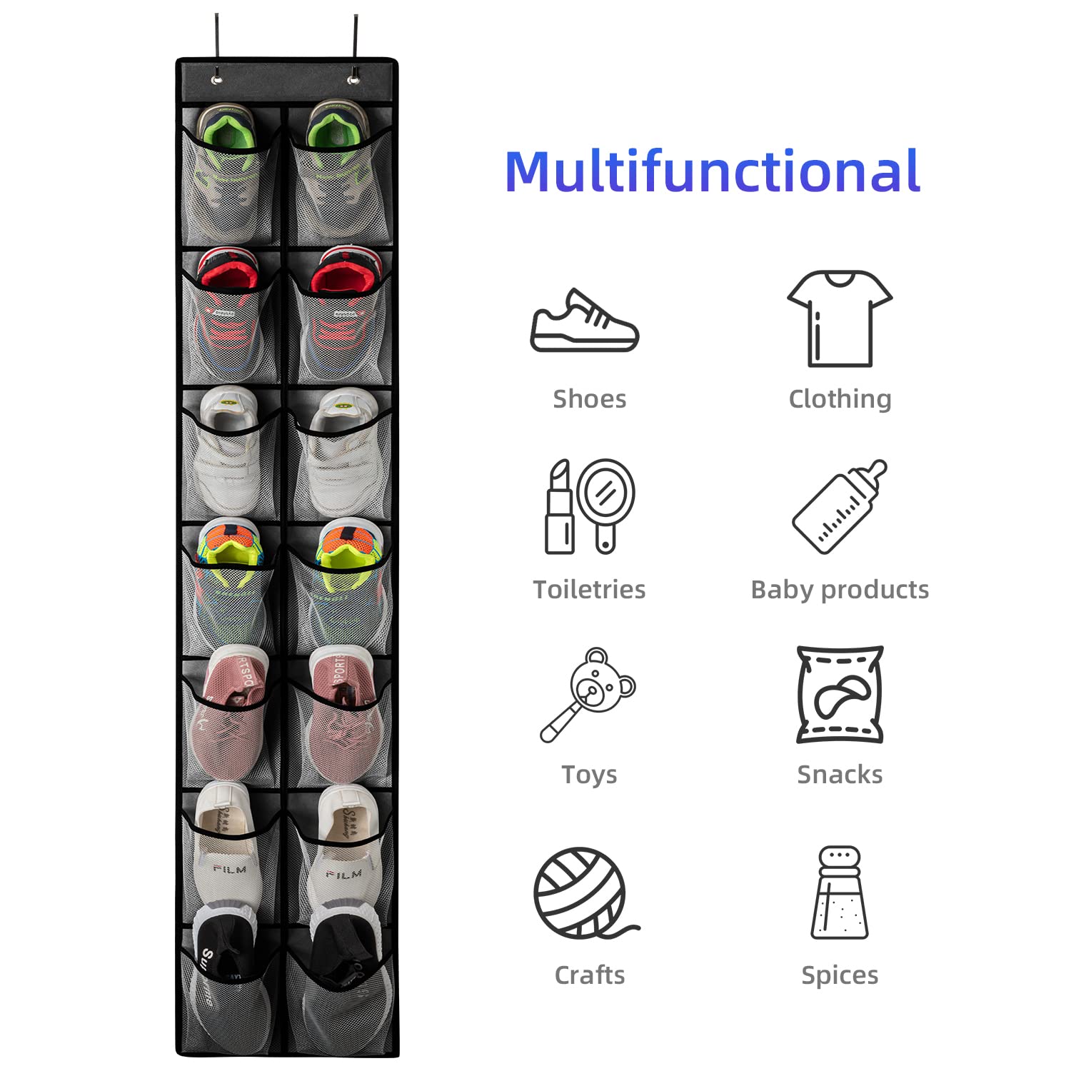 KEEPJOY Over The Door Shoe Organizer with 14 Deep Mesh Pockets & 4 Hooks - Space Saving Closet Storage for Shoes, Accessories & More (Grey, 2-Pack) - Perfect for Bedrooms, Closets, Dorms & Small Spaces