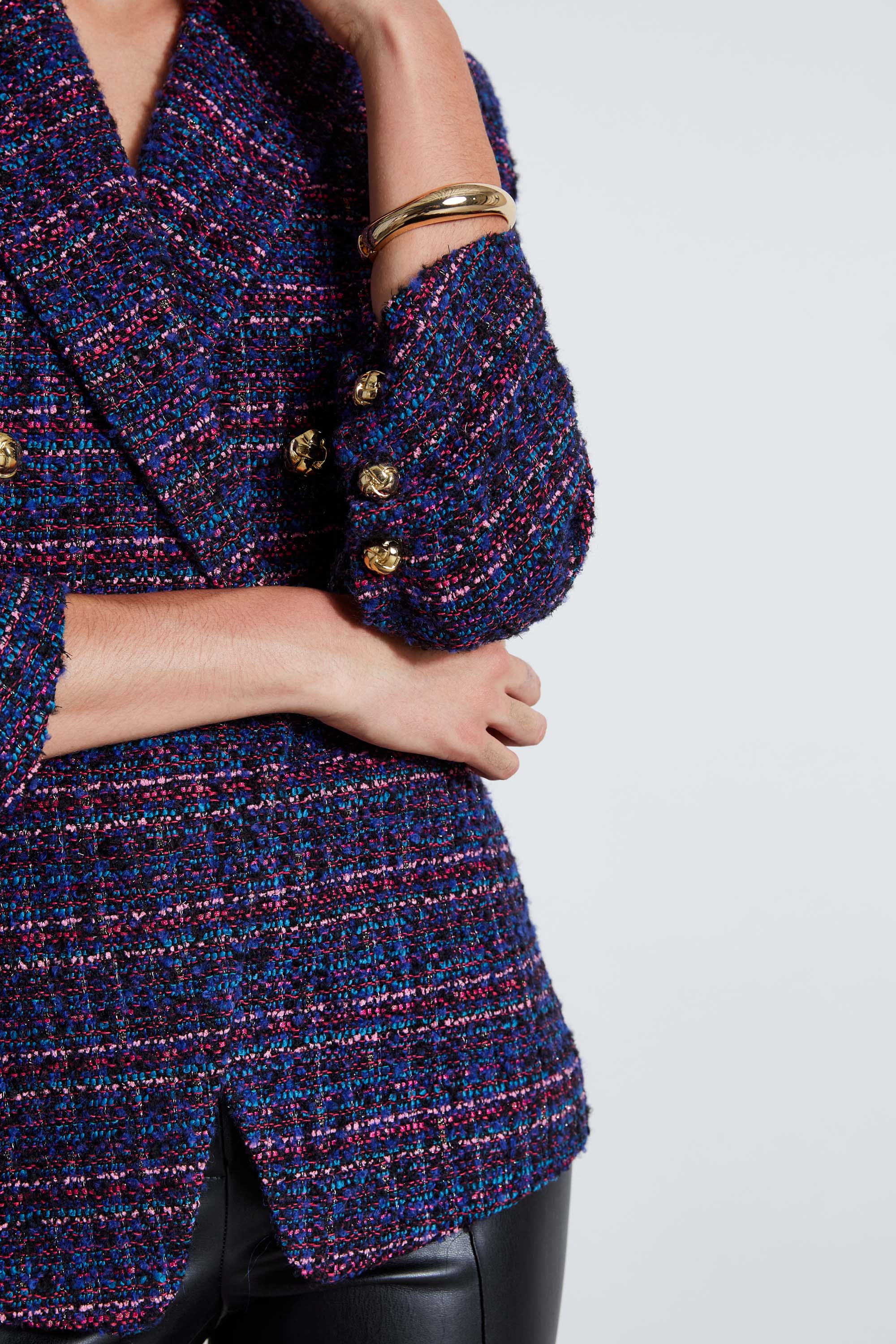 Stylish Tweed Ruched Sleeve Double Breasted Blazer for Women - Perfect for Office Wear, Business Meetings & Formal Events