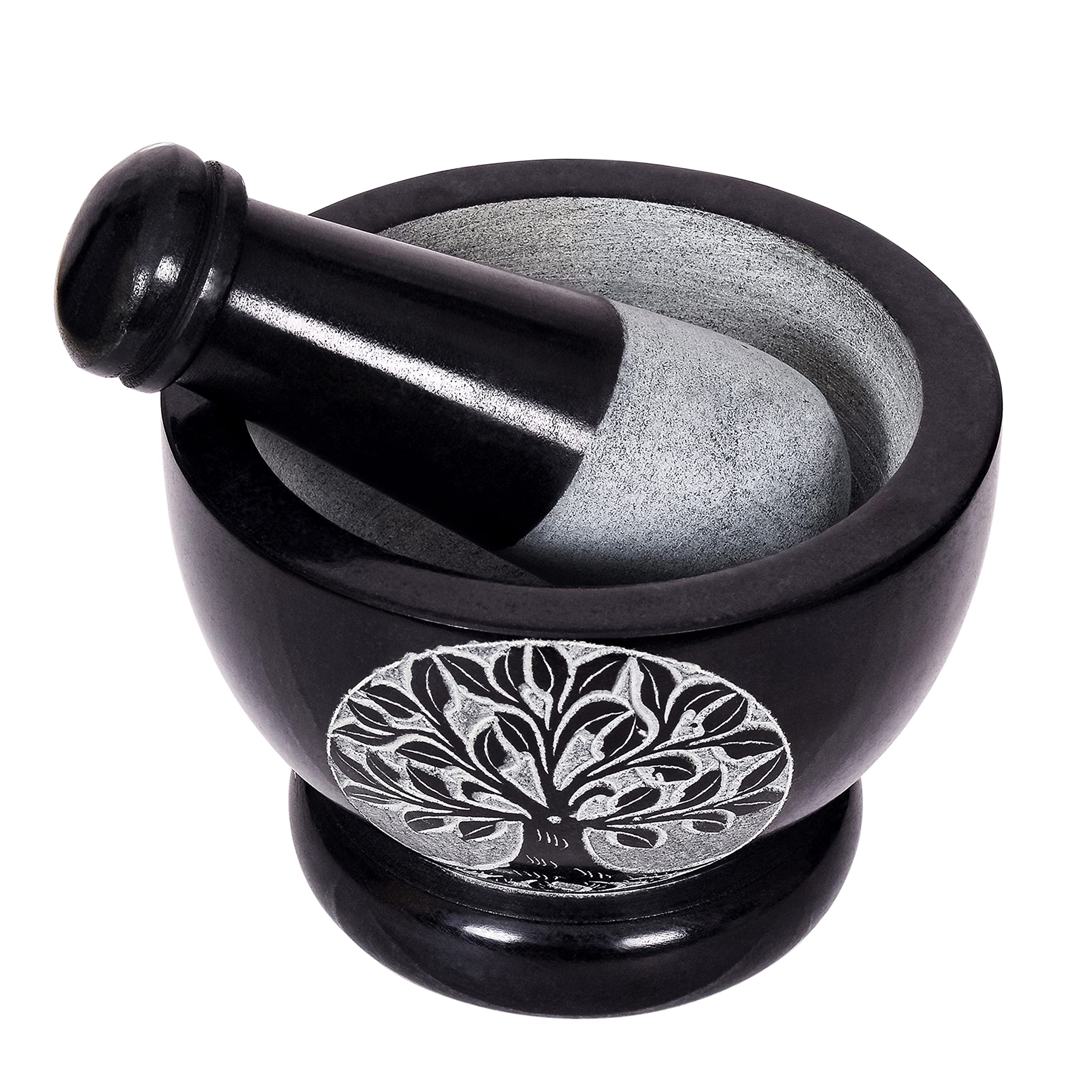 Premium Mortar and Pestle Set - Heavy Duty Polished Natural Stone Spice Grinder for Herbs, Seasonings, Pastes & More (Tree of Life Design) - Perfect for Kitchen, Apothecary & Ayurvedic Cooking