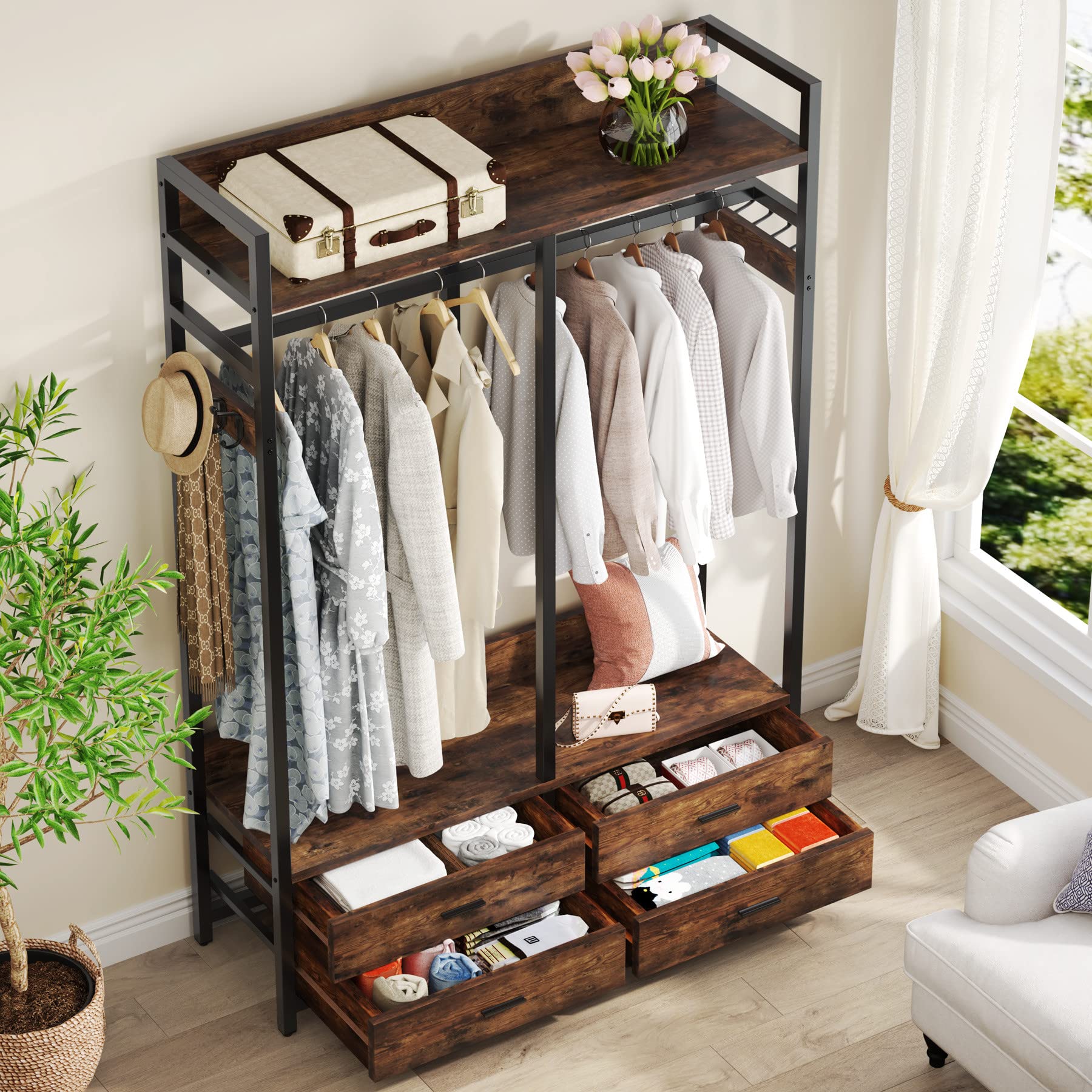 Tribesigns Heavy Duty Freestanding Closet Organizer - Garment Rack with 4 Drawers, 8 Hooks & Storage Shelves - Rustic Brown Wardrobe for Hanging Clothes - Perfect for Bedroom, Living Room & Walk-in Closet Organization