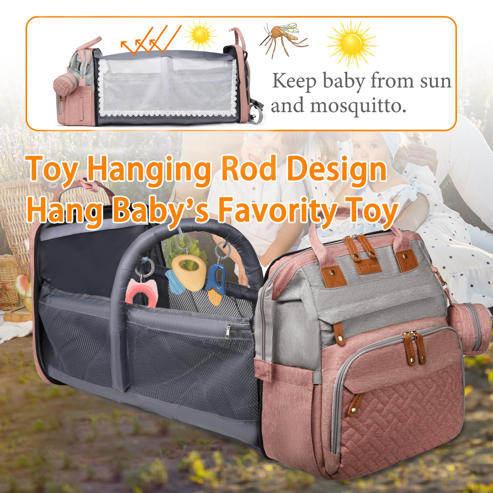 Waterproof Diaper Backpack with Changing Station & USB Charging Port - Large Capacity Baby Bag for Moms & Dads (Grey/Pink) | Perfect Baby Shower Gift & Travel Essential for On-the-Go Parents