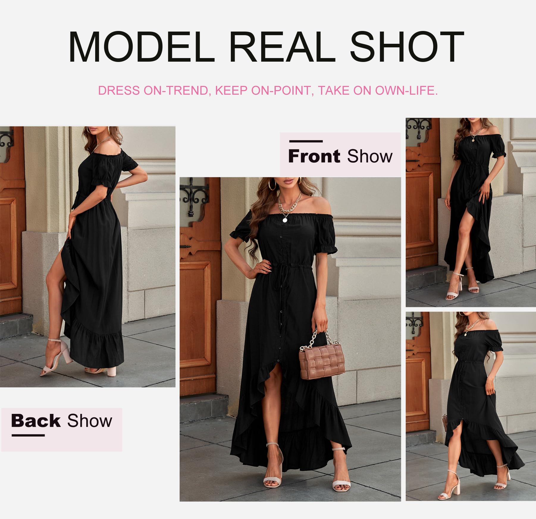 Dokotoo Women's 2025 Off Shoulder Casual Short Sleeve Maxi Dress - High Low Solid Cocktail Skater Dress for Summer Beach Party & Evening Out