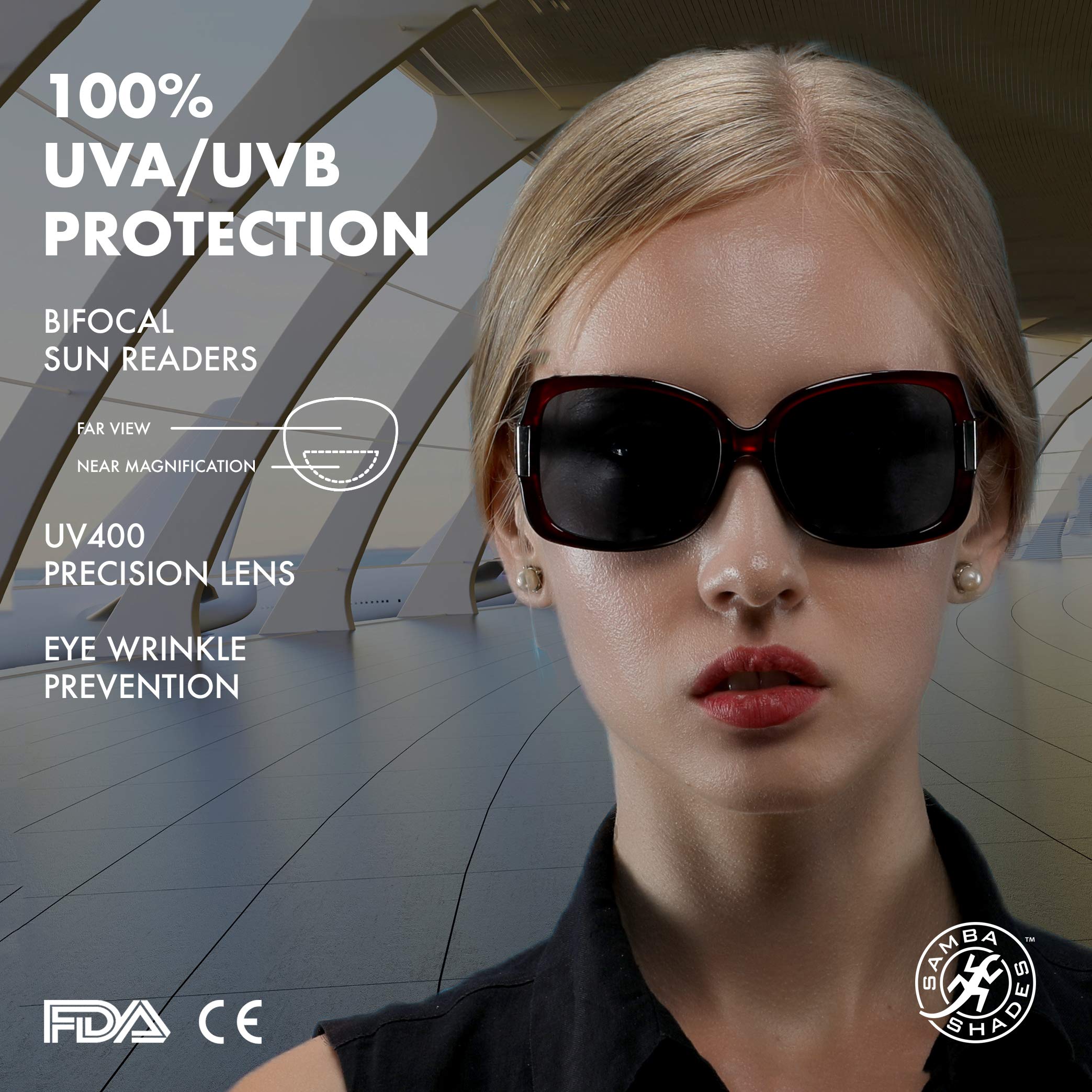 Bifocal Reading Sunglasses for Women - SAMBA SHADES Fashionable Jackie O Style with Built-In Readers - Perfect for Outdoor Reading, Driving & Sun Protection