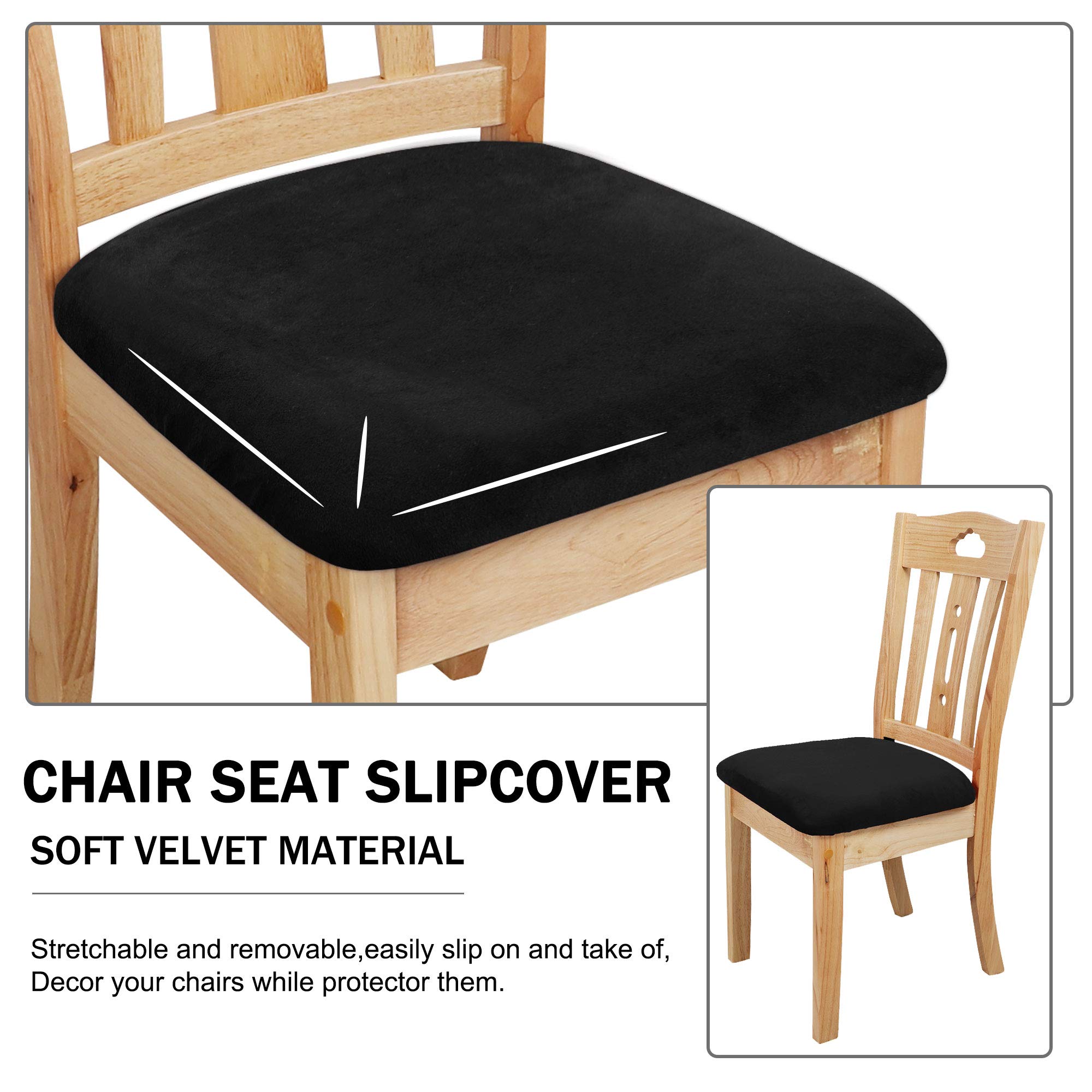 PiccoCasa Velvet Stretchable Printed Chair Seat Covers with Ties - Set of 6 Black Slipcovers for Dining Room & Kitchen Chairs - Perfect for Home Decor, Parties, and Daily Comfort