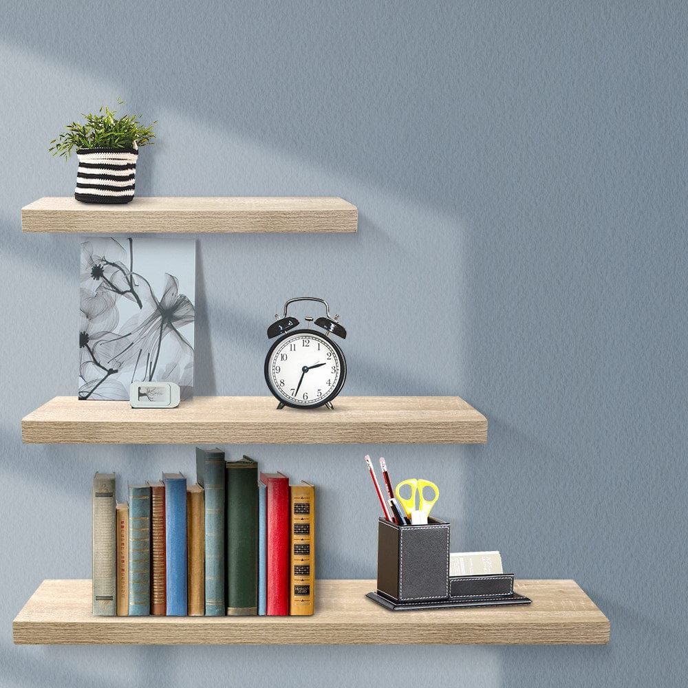 3-Piece Floating Wall Shelf Set - DIY Mounted Storage & Book Display Rack - Solid Oak Wood - Perfect for Living Room, Bedroom & Home Office Decor
