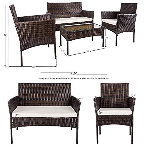 4-Piece Outdoor Patio Furniture Set - PE Wicker Rattan Sofa with Cushions & Tempered Glass Coffee Table - Brown - Perfect for Garden, Poolside, and Backyard Relaxation