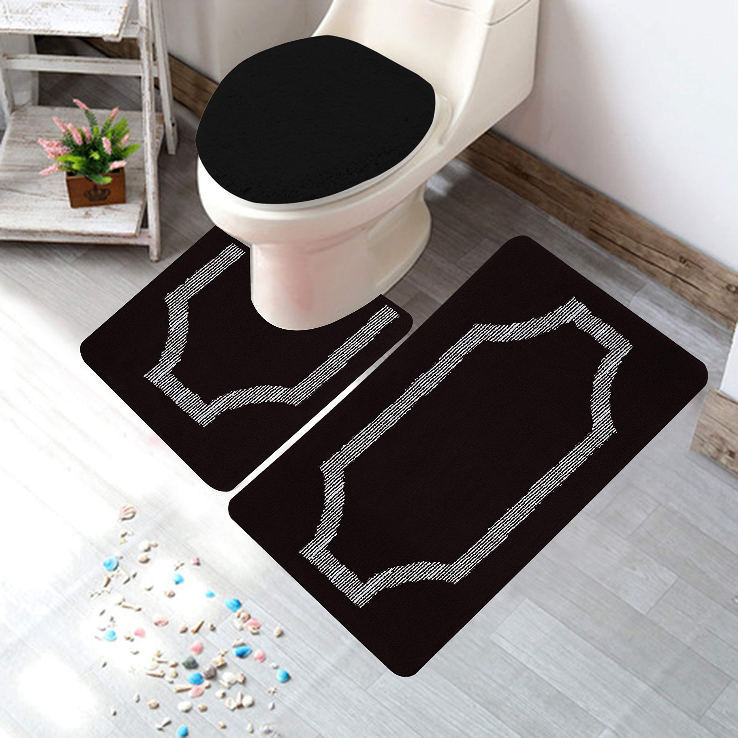 Premium 3-Piece Modern Microfiber Bathroom Rug Set with Non-Slip PVC Backing - Ultra Soft & Absorbent - Luxury Home Decor for Bath, Shower & Vanity Areas (Black)
