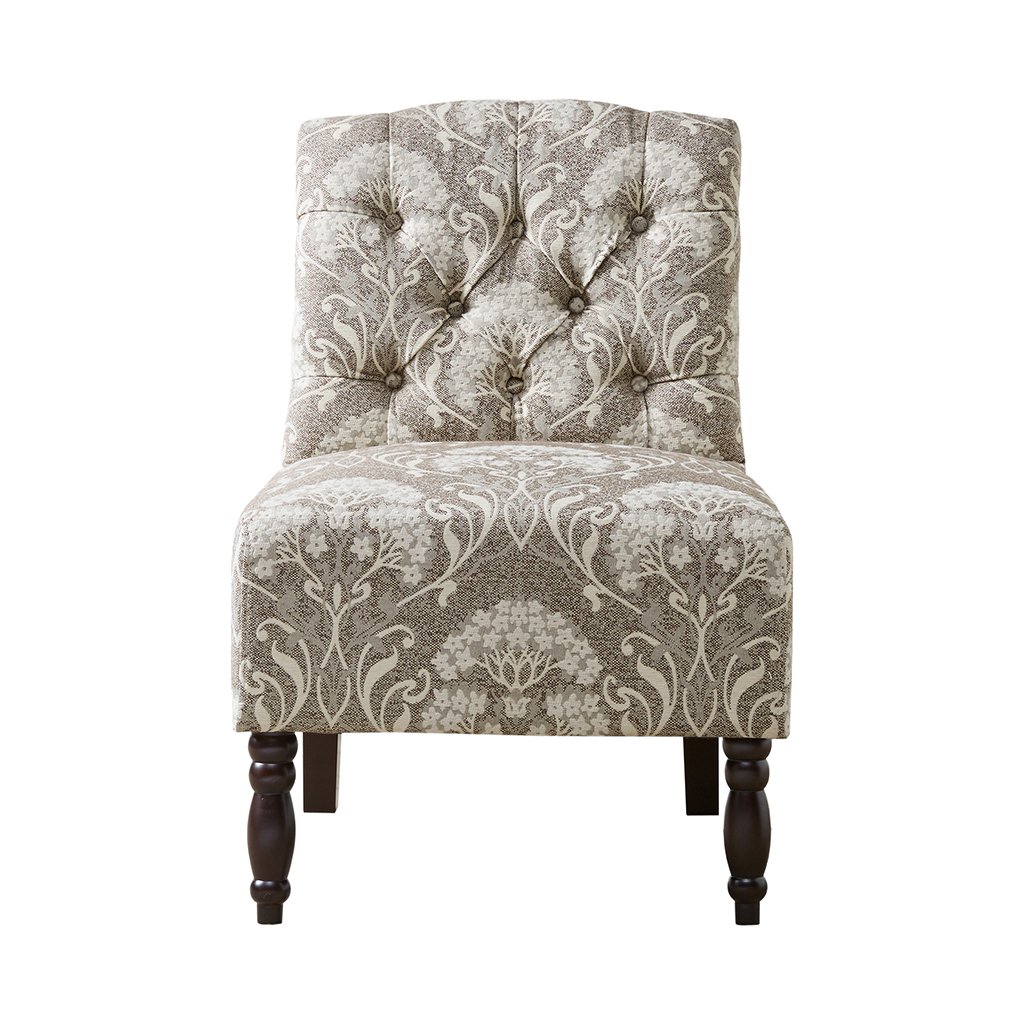Madison Park Lola Accent Chair - Solid Birch Wood Frame with Tufted Fabric Upholstery in Taupe, Ivory & Damask Pattern - Elegant Armless Living Room & Bedroom Seating for Home Décor - Classic Button-Tufted Design for Sofa Companion or Reading Nook