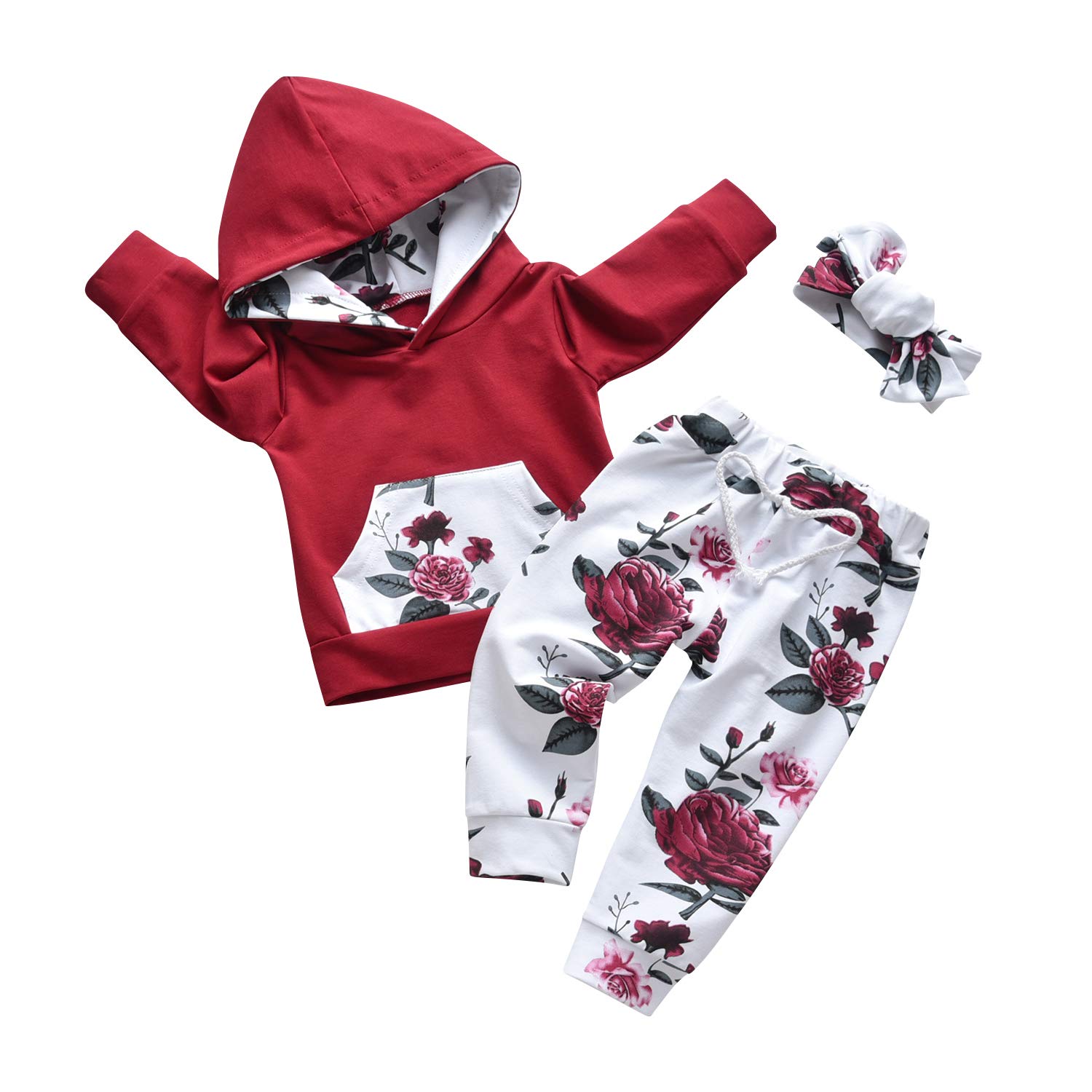 Eghunooy Baby Girl Outfit Set - Floral Long Sleeve Hoodie Sweatshirt & Pants with Pocket & Headband | Cute Toddler Clothes for Playdates, Photoshoots & Everyday Wear