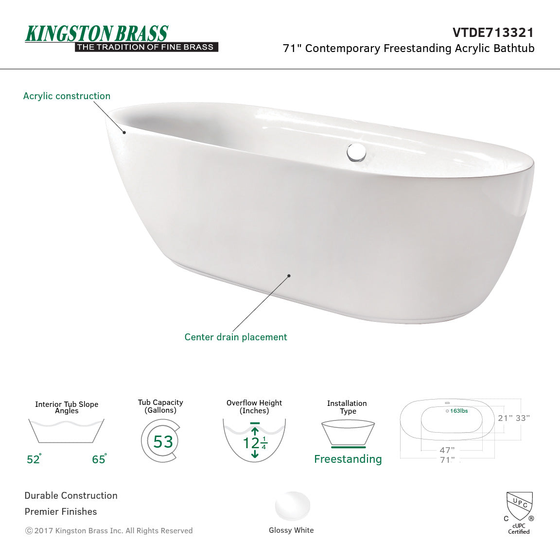 Aqua Eden VTDE713321 71-Inch Glossy White Acrylic Oval Freestanding Bathtub with Drain - Double Ended Soaking Tub for Luxury Bathrooms & Spa Retreats