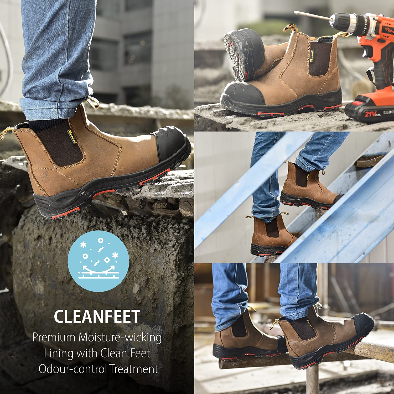 Men's Chelsea Work Boots - Steel Toe Safety Boots, Waterproof Cow Leather Lightweight Work Shoes for Construction, Warehouse & Outdoor Jobs