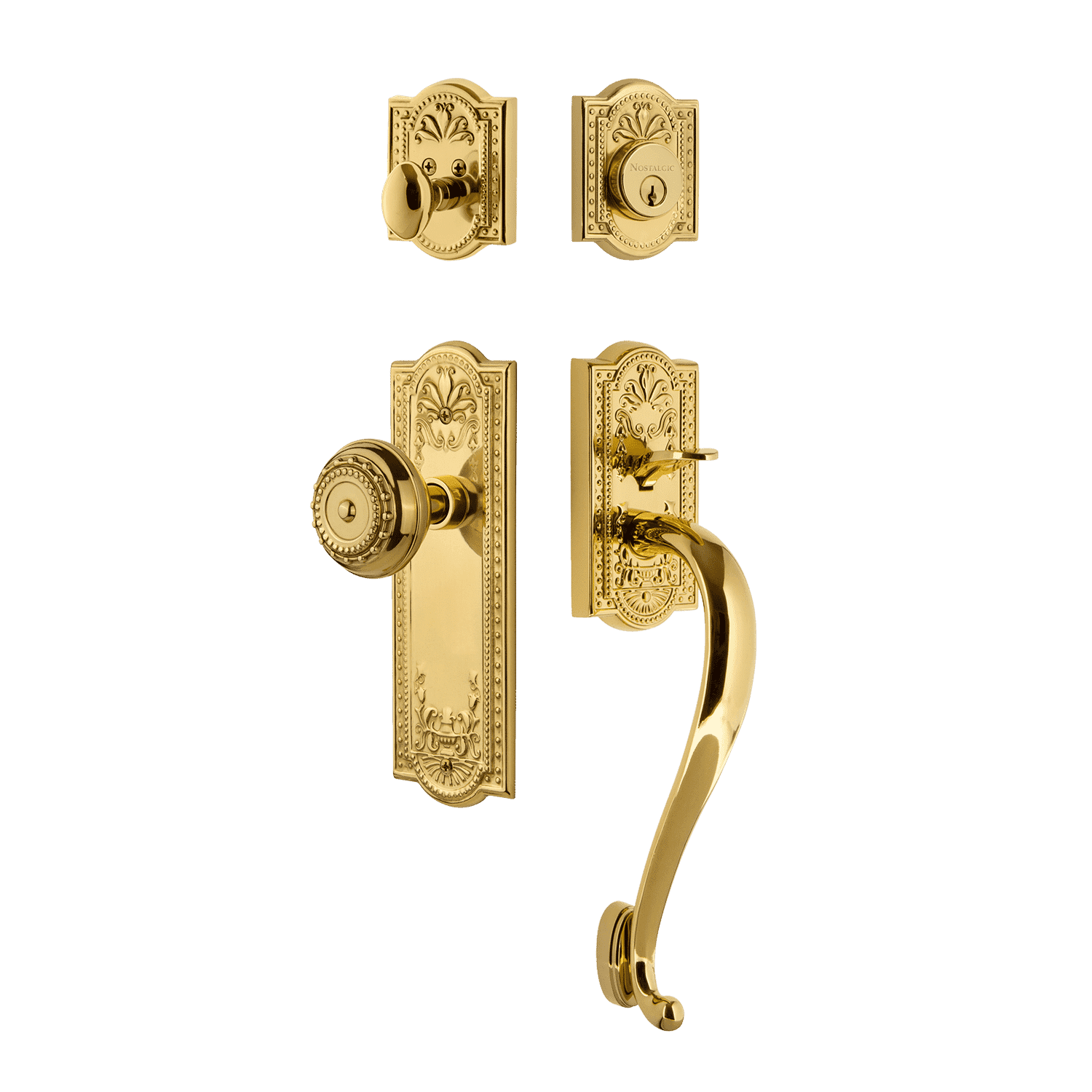 Polished Brass Meadows Handleset with S Grip & Long Plate - Vintage Style Door Knob for Bedroom, Bathroom & Interior Doors - Durable & Elegant Hardware for Home Decor