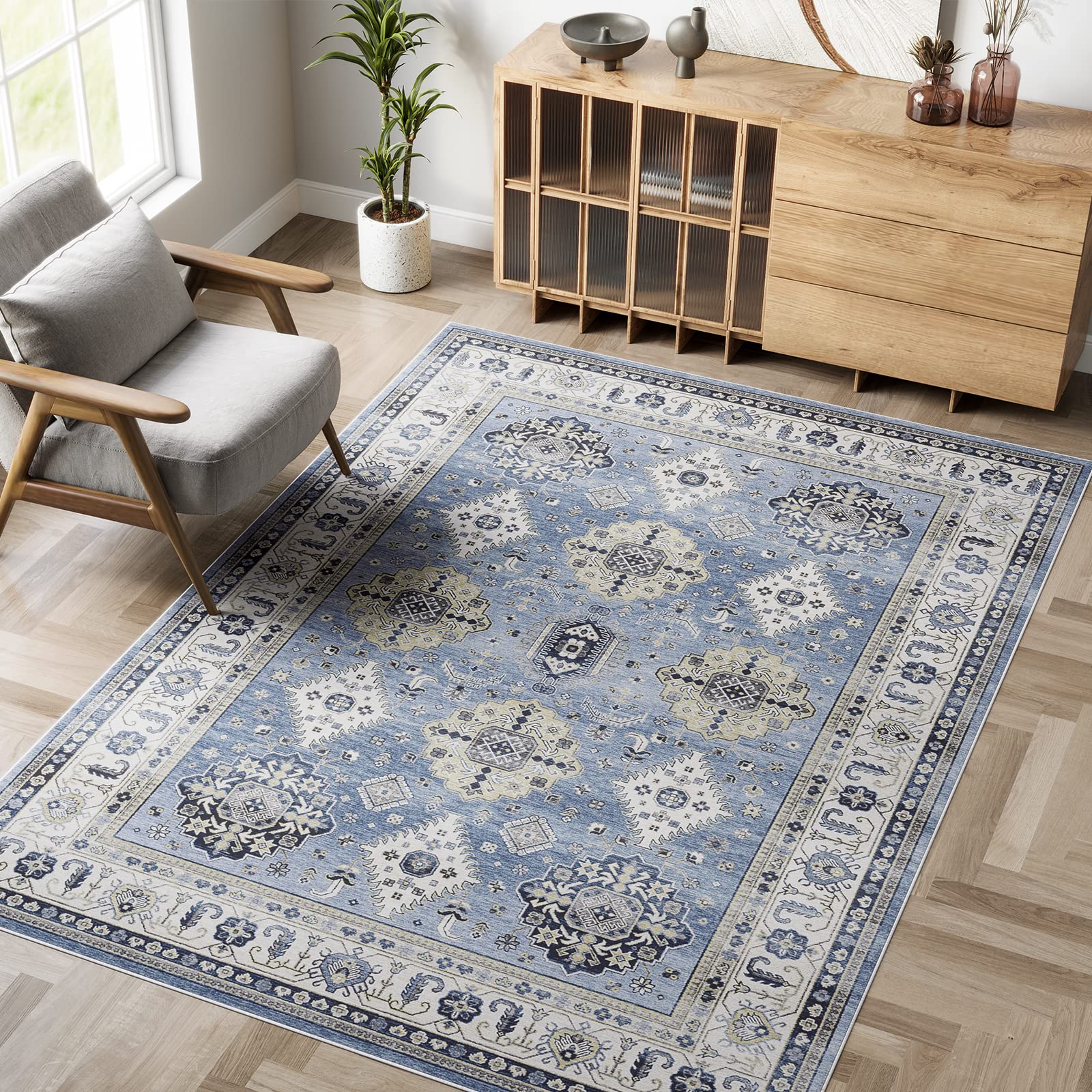 Vintage Washable Area Rug 5x8 - Distressed Oriental Medallion Floral Print Low-Pile Carpet | Non-Slip Soft Indoor Rug for Living Room, Bedroom, Farmhouse & Office Decor | Perfect for Boho, Traditional & Modern Home Styles