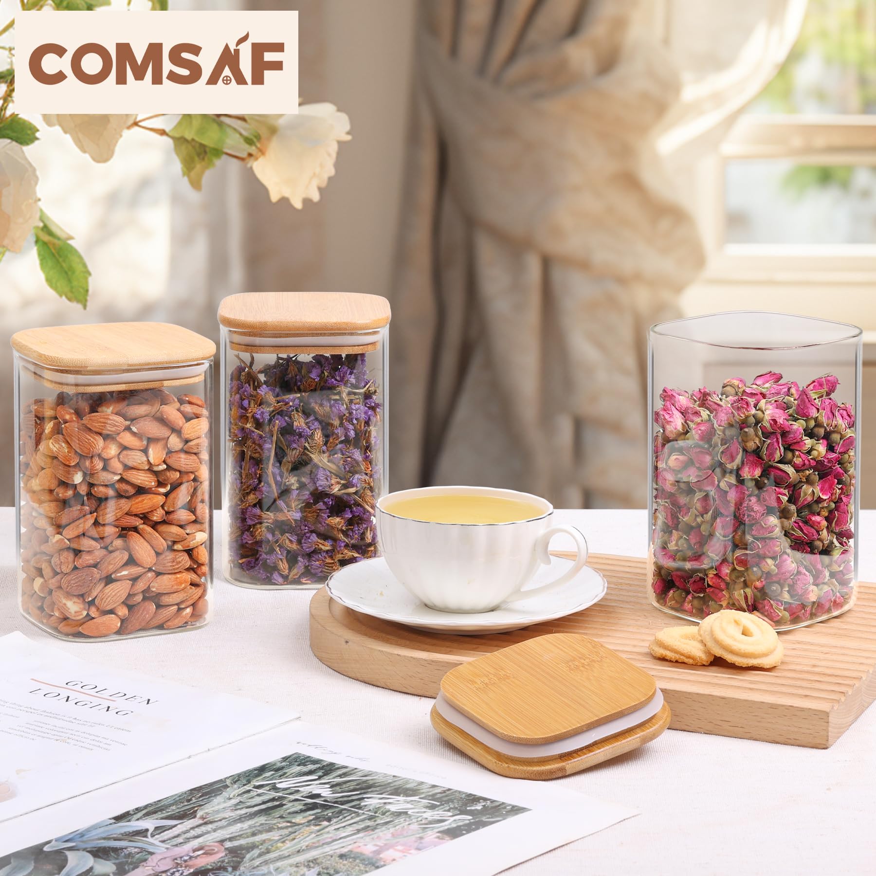 ComSaf 37 oz Glass Storage Containers with Airtight Lids - Set of 6 Clear Square Food Jars for Pantry Organization | Perfect for Storing Cookies, Flour, Oats, Pasta, Tea & Coffee Beans | Kitchen & Home Storage Solution