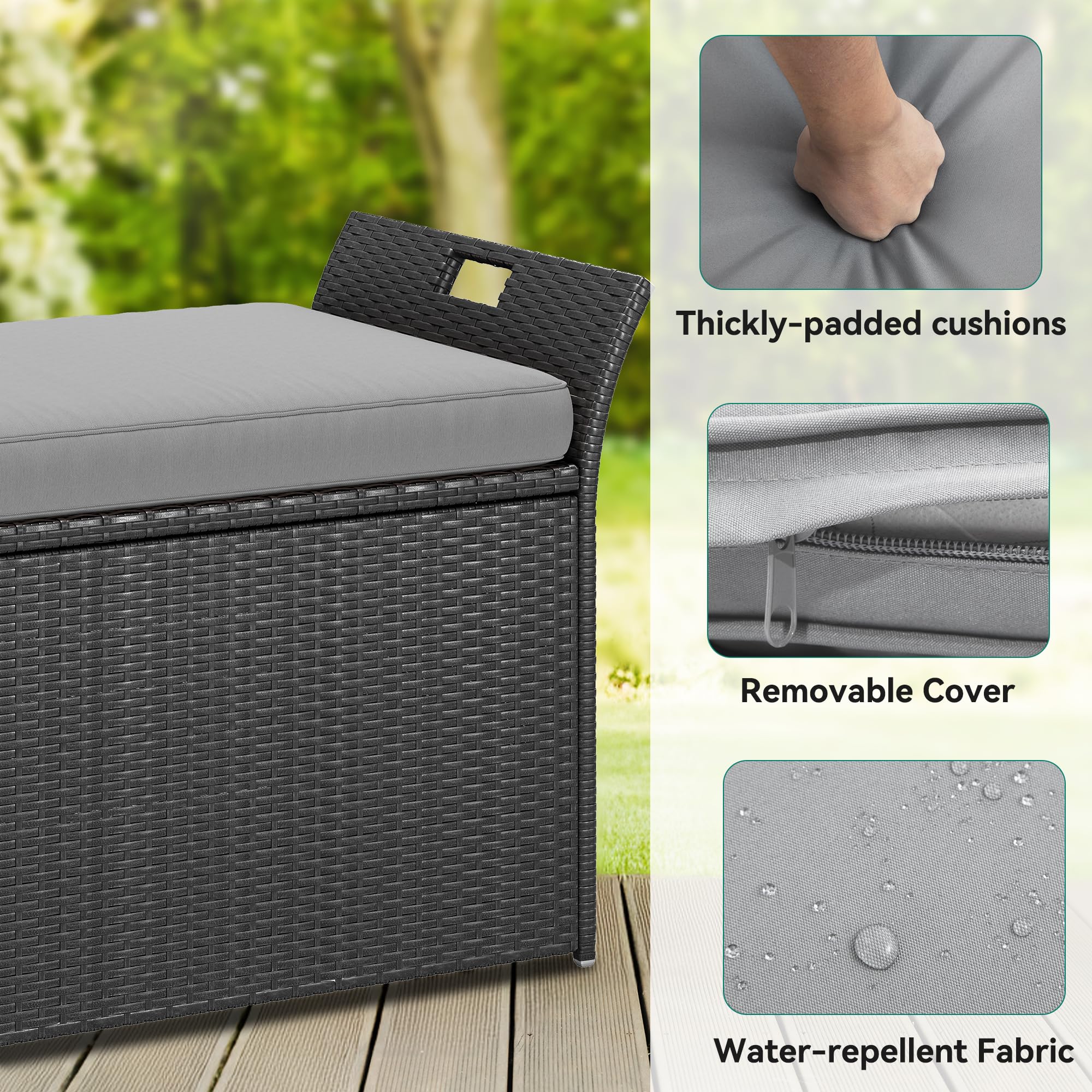 **YITAHOME 90 Gallon Outdoor Wicker Storage Bench with Cushion – Large PE Rattan Deck Box with Handles & Hydraulic Lid – Perfect for Patio Furniture, Cushions, Garden Tools, Pool & Sports Equipment – Black & Grey – Ideal for Backyard, Deck, and Poolside Storage**