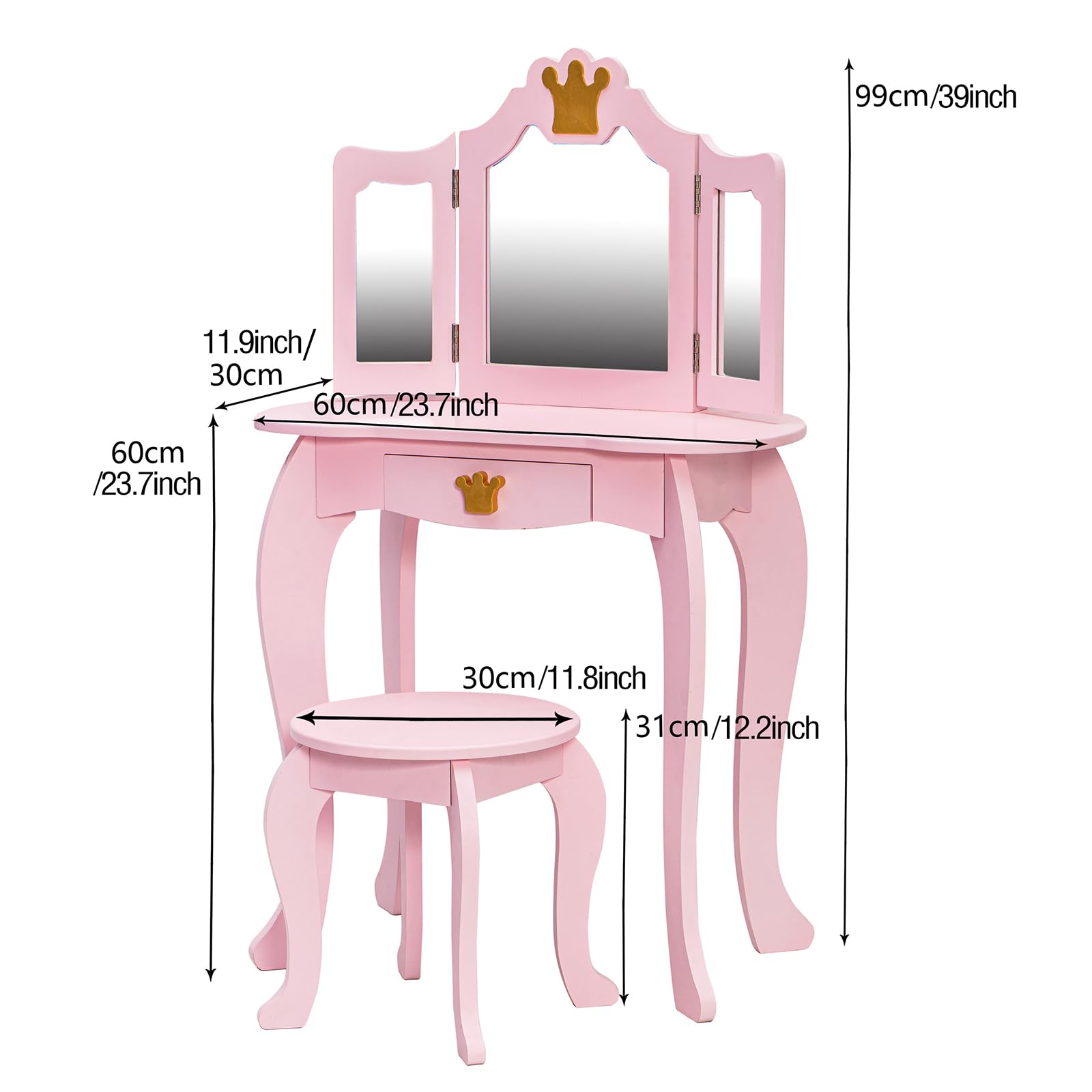 GAOMON Kids Vanity Table with Tri-Fold Mirror, Stool & Storage Drawer - 2-in-1 Wooden Princess Makeup Dressing Desk for Girls, Toddler Pretend Play Vanity Set - Perfect for Bedroom Decor & Imaginative Playtime