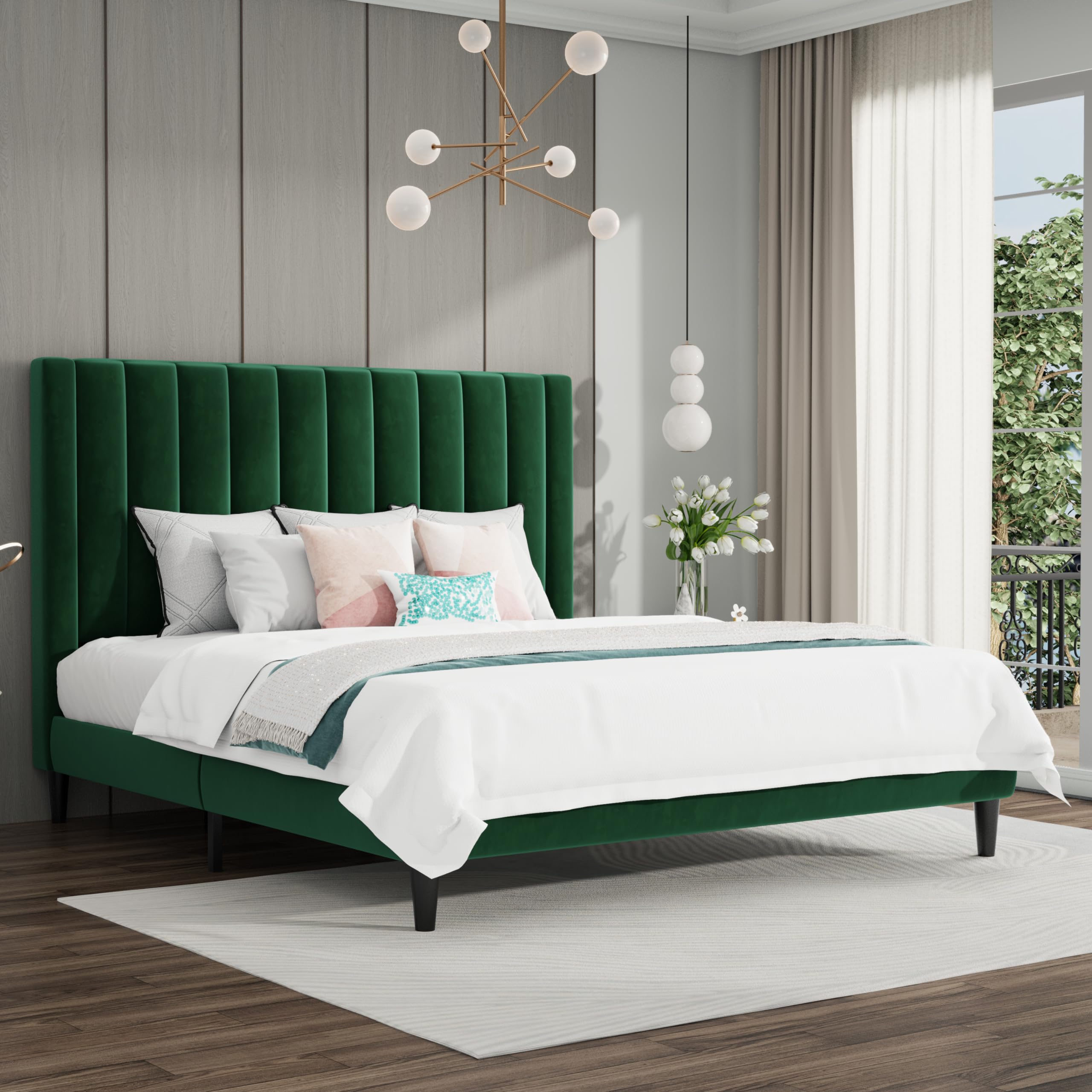 Luxury SHA CERLIN King Size Bed Frame - Velvet Upholstered Platform Bed with Headboard, Sturdy Wood Slat Support, No Box Spring Required (Emerald Green) | Perfect for Master Bedrooms, Guest Rooms & Modern Apartments
