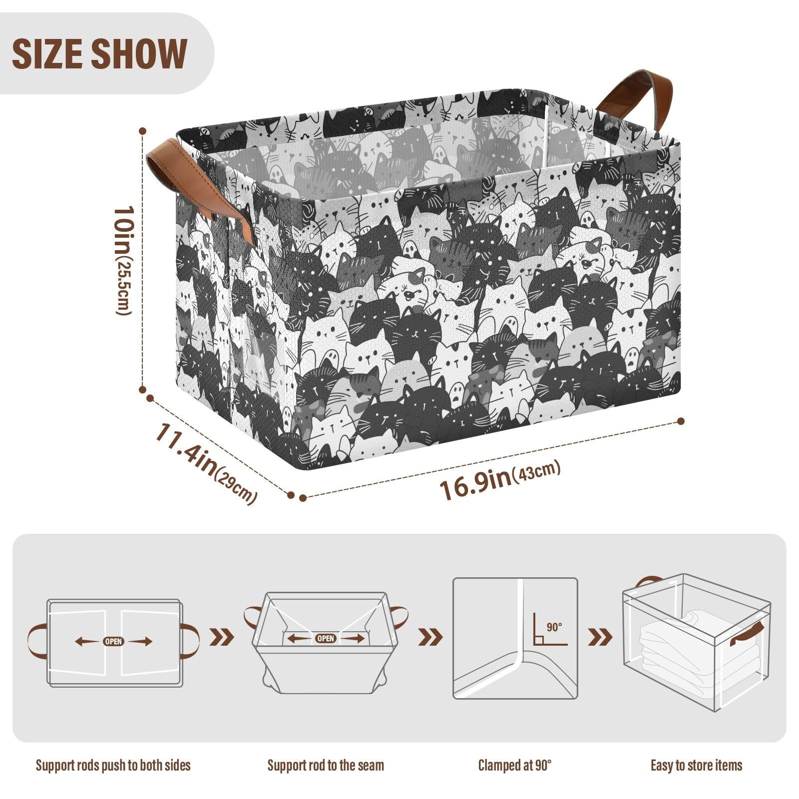 Cute Cartoon Animal Cat Fabric Storage Baskets with Handles - 2 Pack Organizing Bins for Clothes, Toys & Home Decor | Perfect for Closet, Nursery & Bedroom Organization