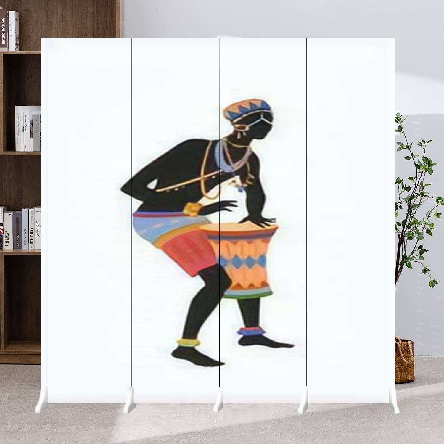 4 Panel Canvas Room Divider Screen - African Drummer in Vibrant National Costume, Folding Privacy Partition for Home & Office | Perfect for Living Room Separation, Bedroom Privacy, and Event Decoration