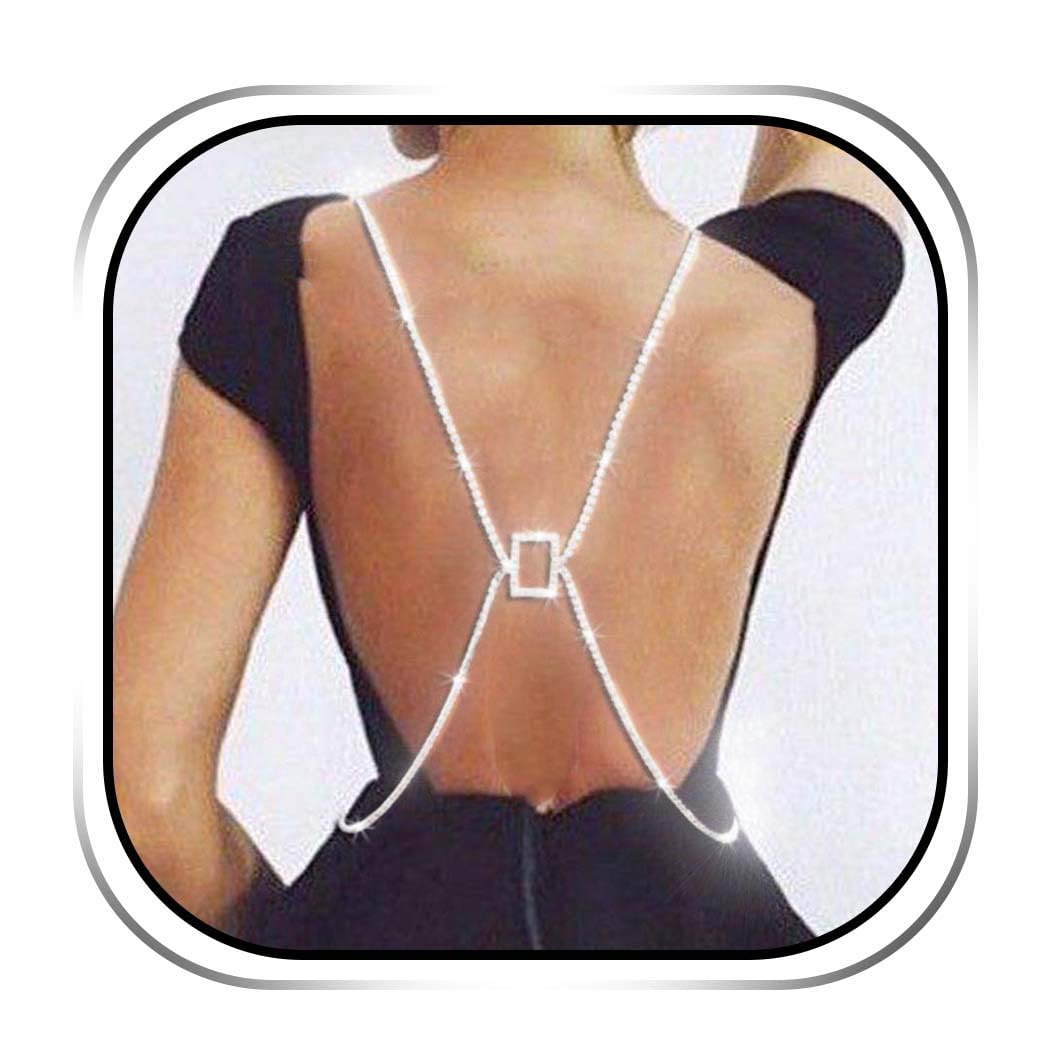 Sparkly Silver Rhinestone Body Chain Jewelry for Women - Elegant Crystal Square Drop Back Necklace - Perfect for Parties, Weddings & Festivals