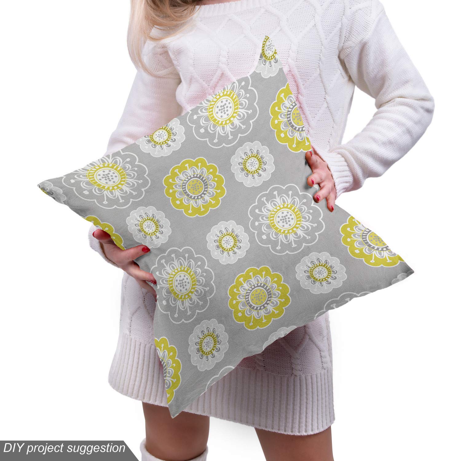 Ambesonne Grey Yellow Floral Fabric - 10 Yards for Upholstery & Home Decor - Perfect for Curtains & Pillows