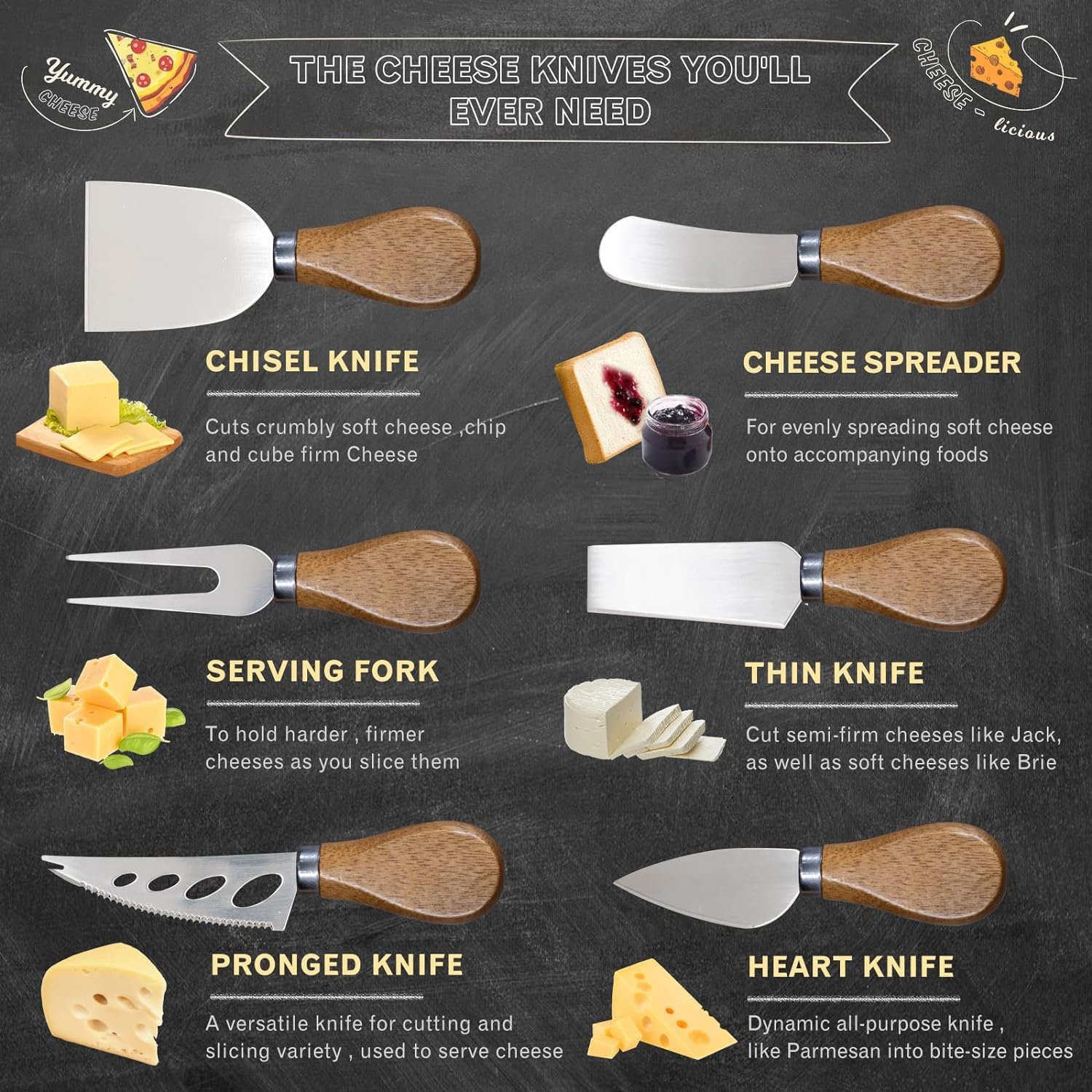 Premium Stainless Steel Cheese Knives Set - 6-Piece Cheese Slicer, Cutter, Fork & Spreader for Charcuterie Boards | Perfect for Wine Parties, Cheese Tasting & Gourmet Entertaining
