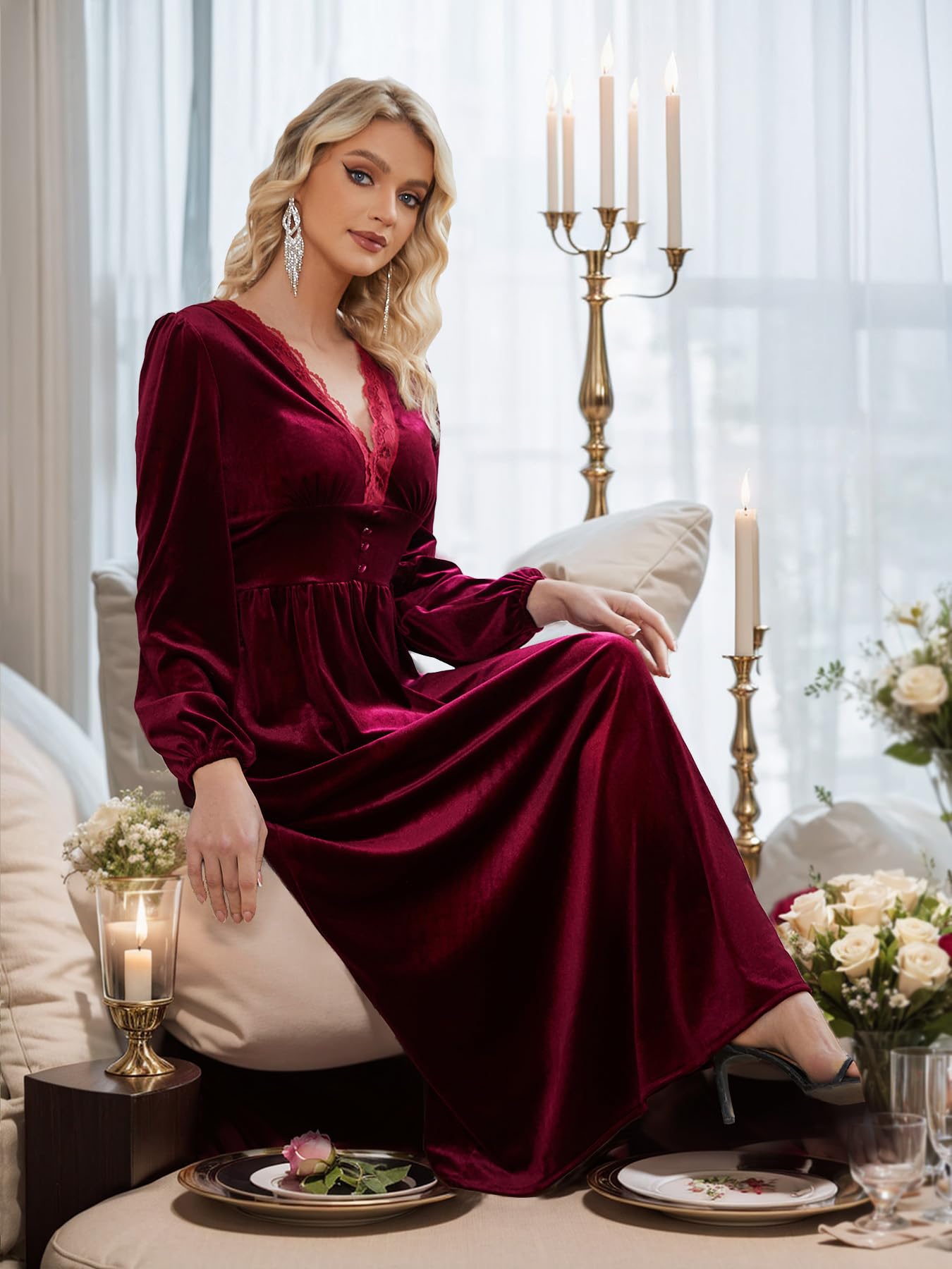 Elegant Women's Velvet Maxi Dress with V-Neck & Lace Trim - Smocked Waist Formal Wedding Guest Dress with Pockets | Perfect for Evening Parties, Bridal Showers & Special Occasions
