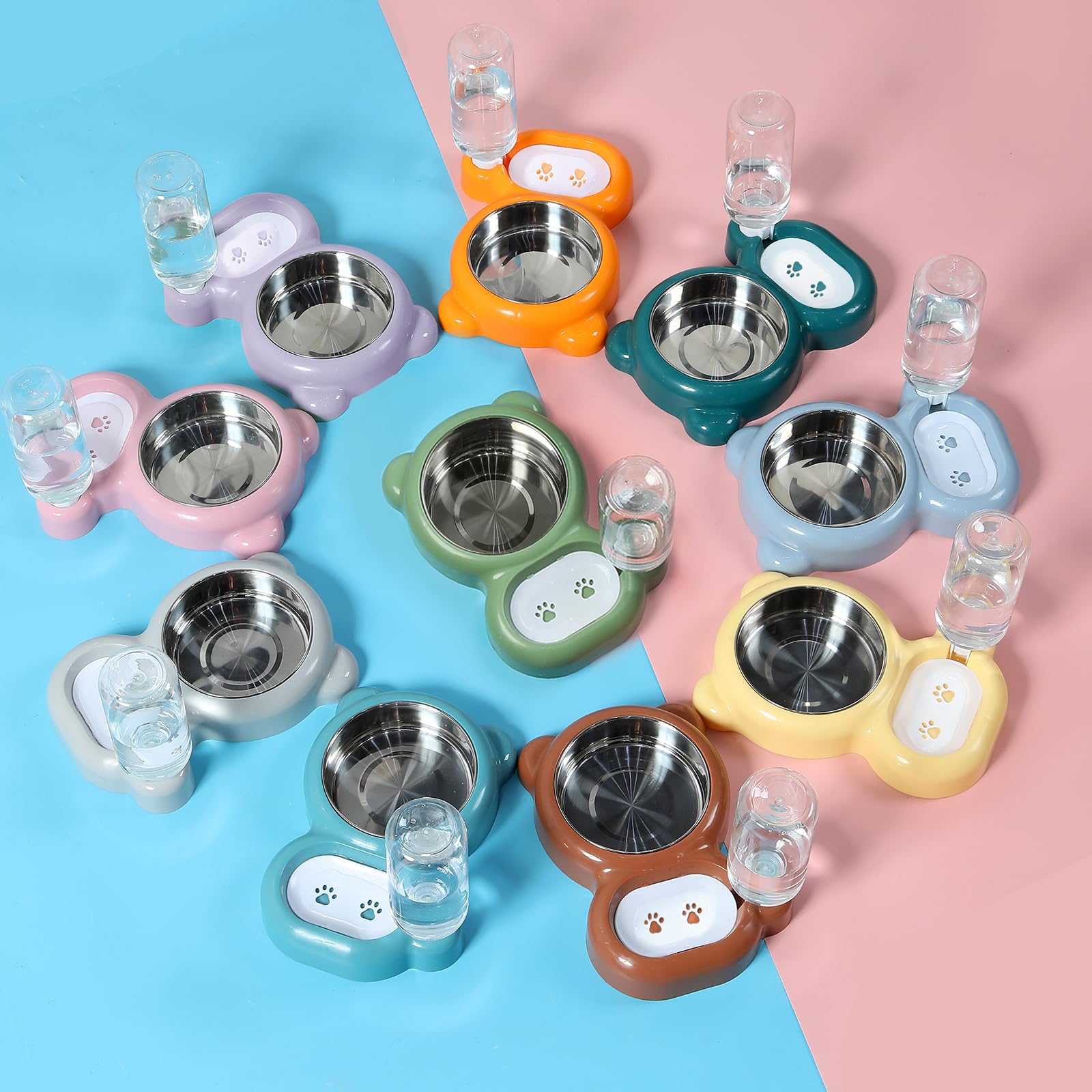 Stainless Steel Cat and Small Dog Bowls Set with Water Dispenser - Non-Slip Pet Food and Water Dishes for Indoor/Outdoor Use - Pink (Perfect for Home, Travel, and Outdoor Adventures)