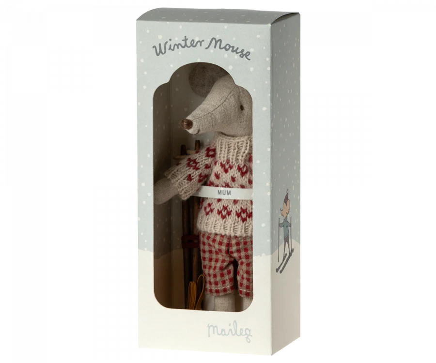 Maileg Winter Mouse with Ski Set - Adorable Mum Mouse Doll for Kids | Perfect for Winter Playtime, Collectibles & Christmas Gifts