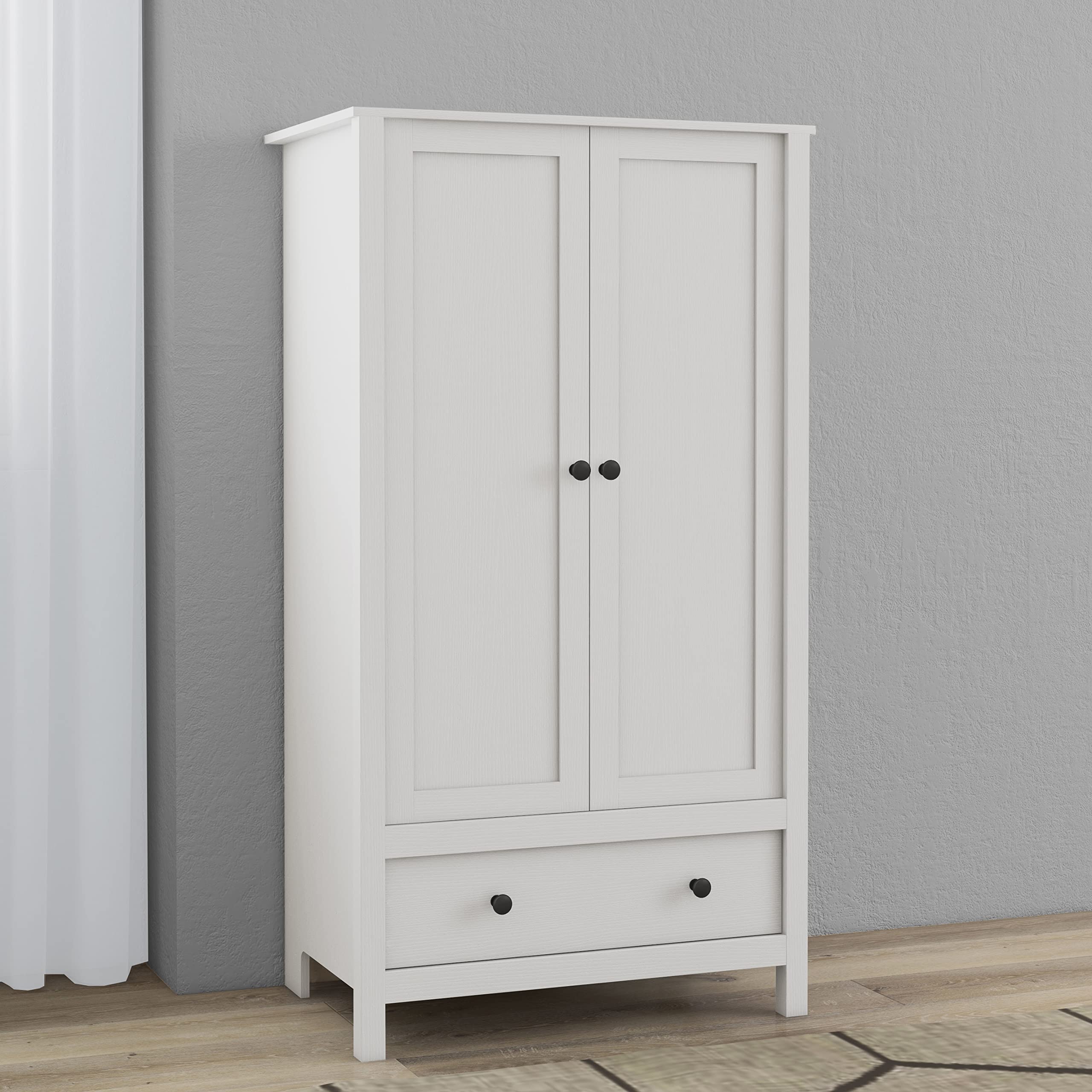 Panana 2 Door Wardrobe Closet with Drawer - White Wooden Armoire for Bedroom Storage | Perfect for Organizing Clothes, Shoes & Accessories in Master Bedroom, Guest Room or Dorm