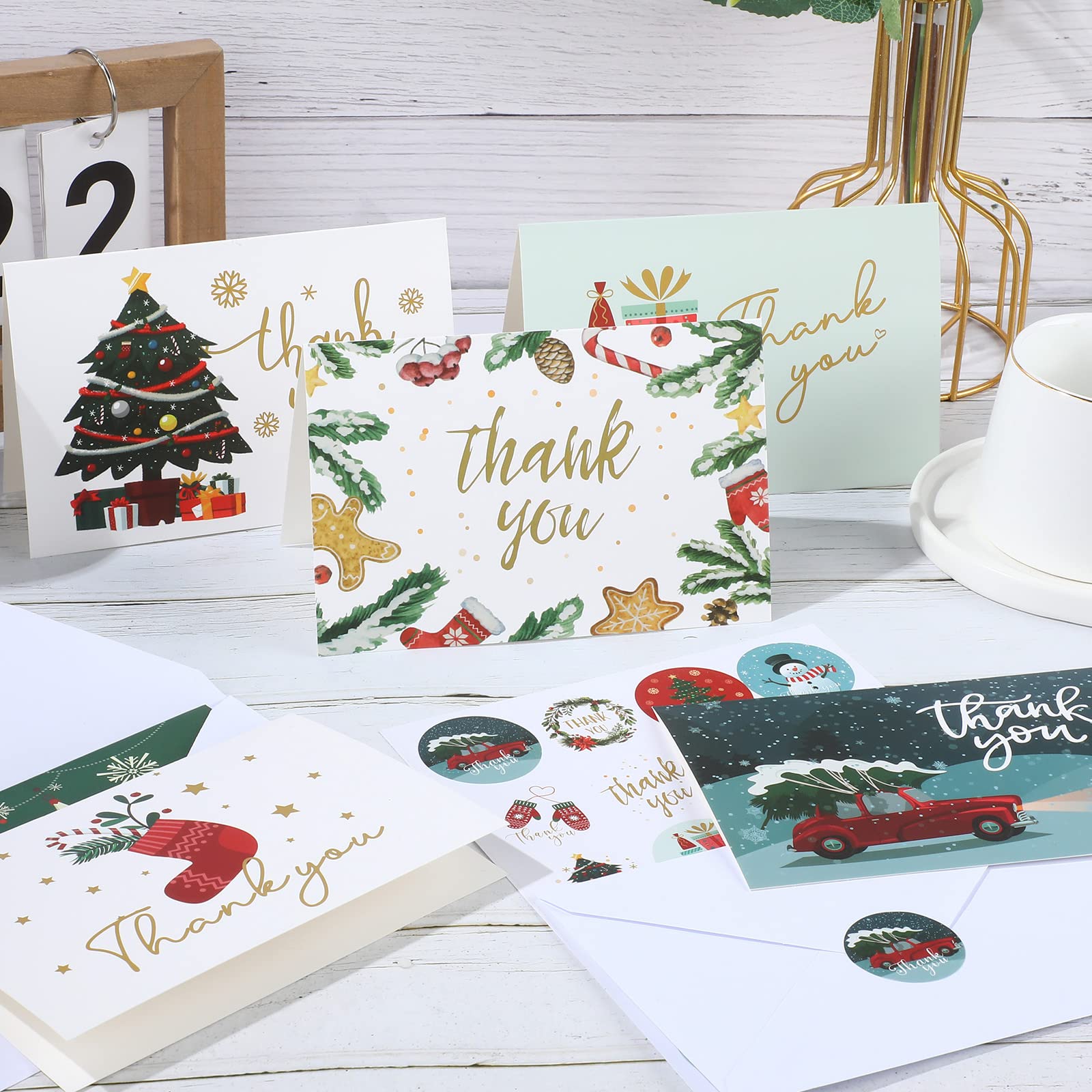 24-Piece Christmas Thank You Cards Set with Envelopes & Stickers - 6 Festive Designs Including Christmas Tree & Gingerbread - Holiday Greeting Cards for Gifts, Parties & Office Exchanges - Perfect for Xmas Presents, Family & Friends