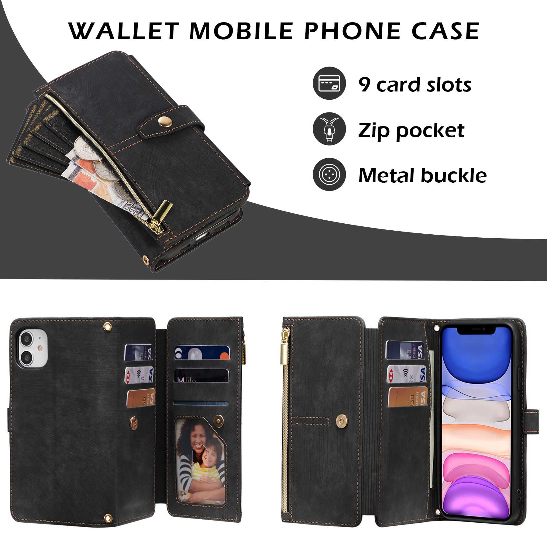 Premium Zipper Leather Wallet Case for iPhone X/Xs with Wrist Strap - RFID Blocking Flip Cover for Cards & Cash (Black) | Perfect for Travel, Shopping & Everyday Use